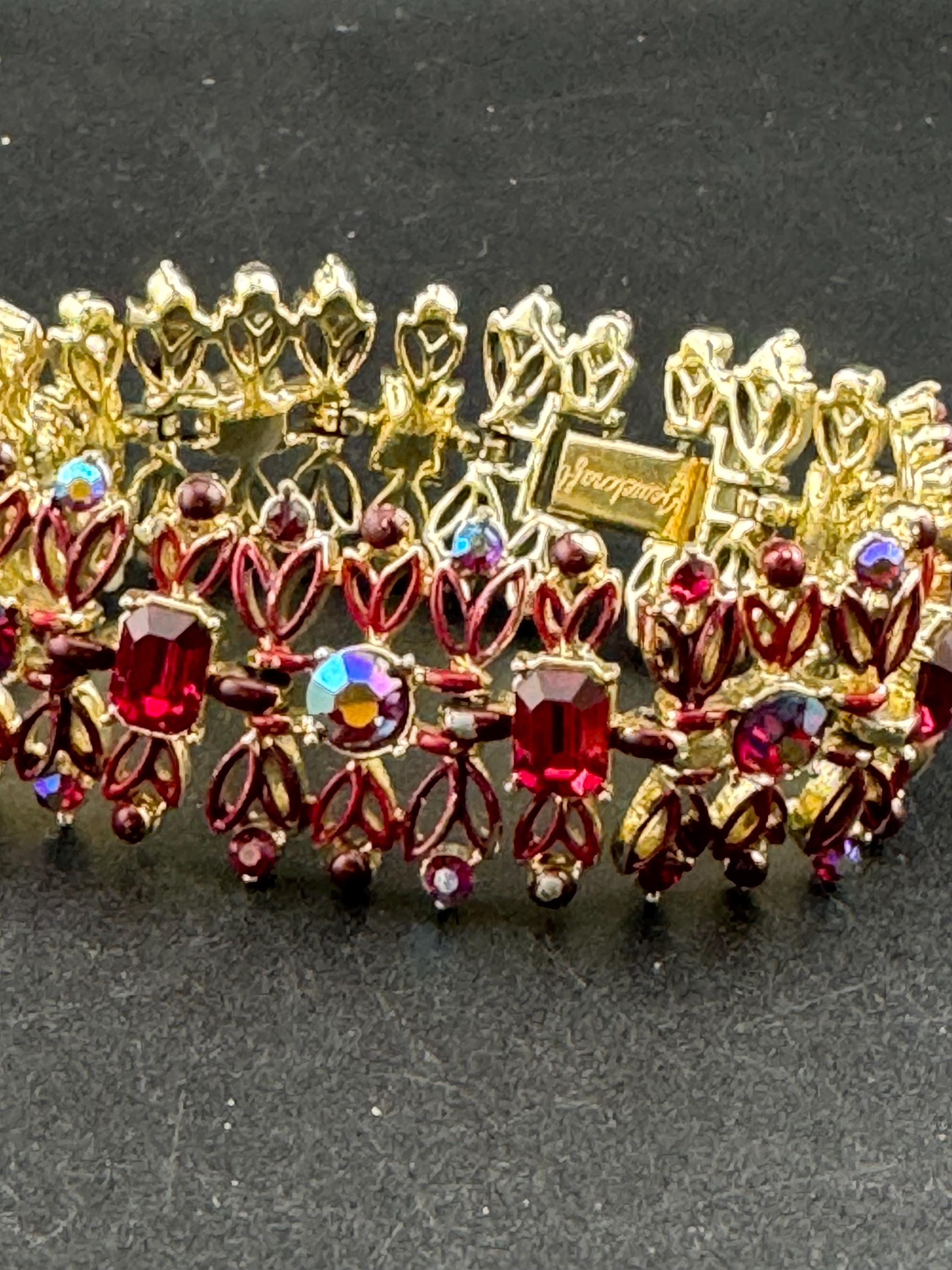 Signed Jewelcraft Vintage gold tone wide ruby red diamanté bracelet