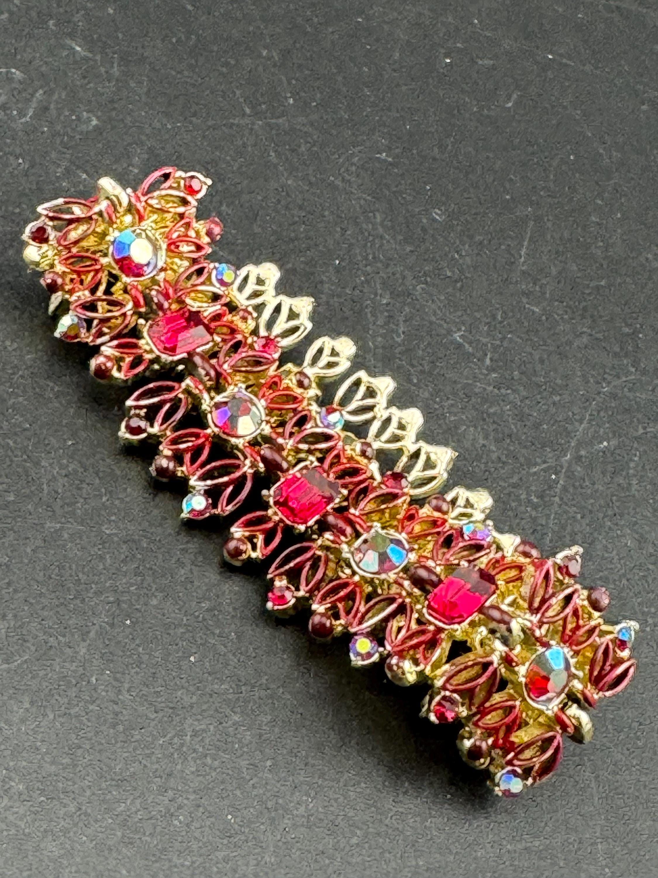 Signed Jewelcraft Vintage gold tone wide ruby red diamanté bracelet