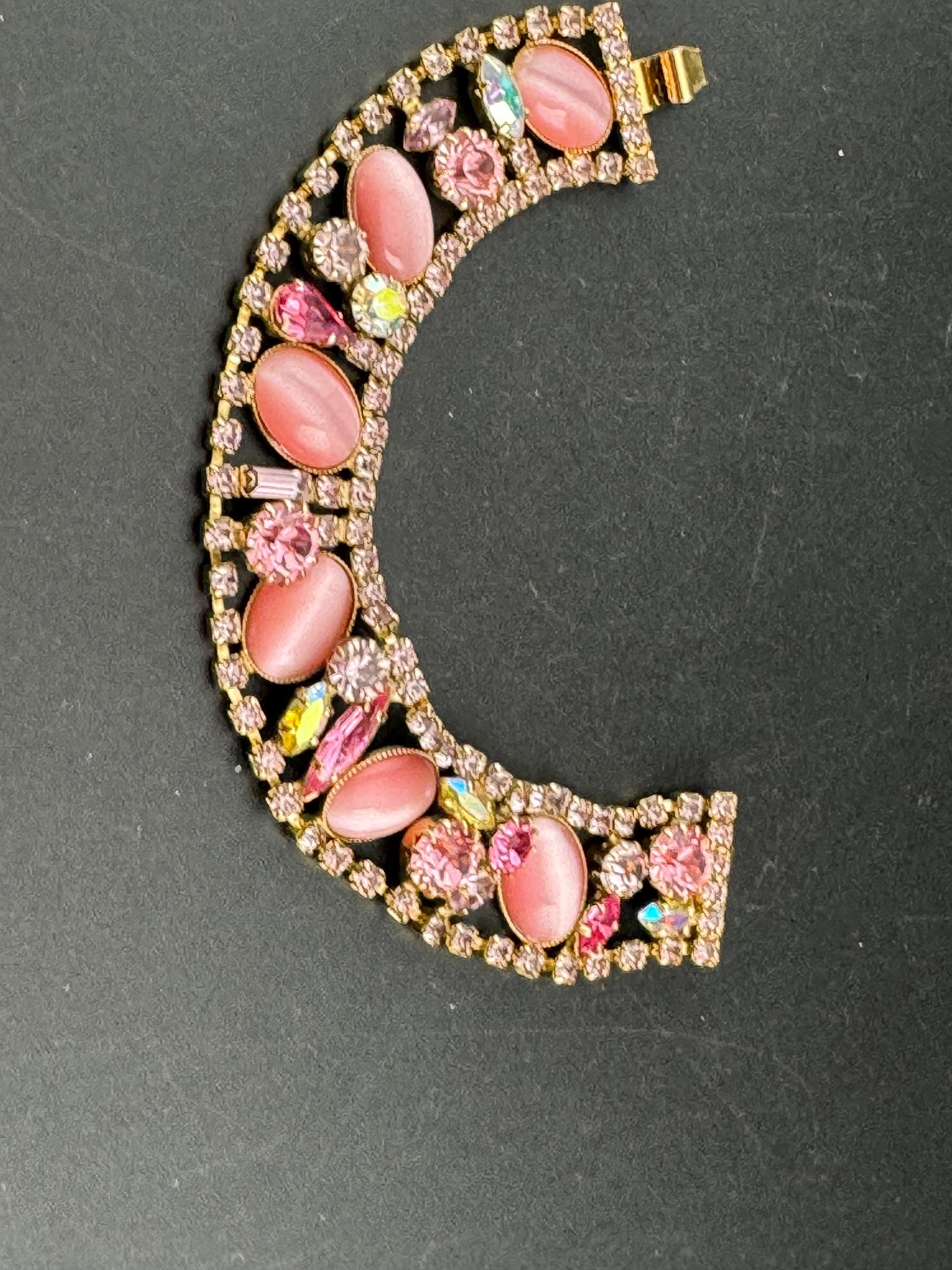 Vintage Pink diamanté cats eye cabocho  gold tone cocktail bracelet 19cm
