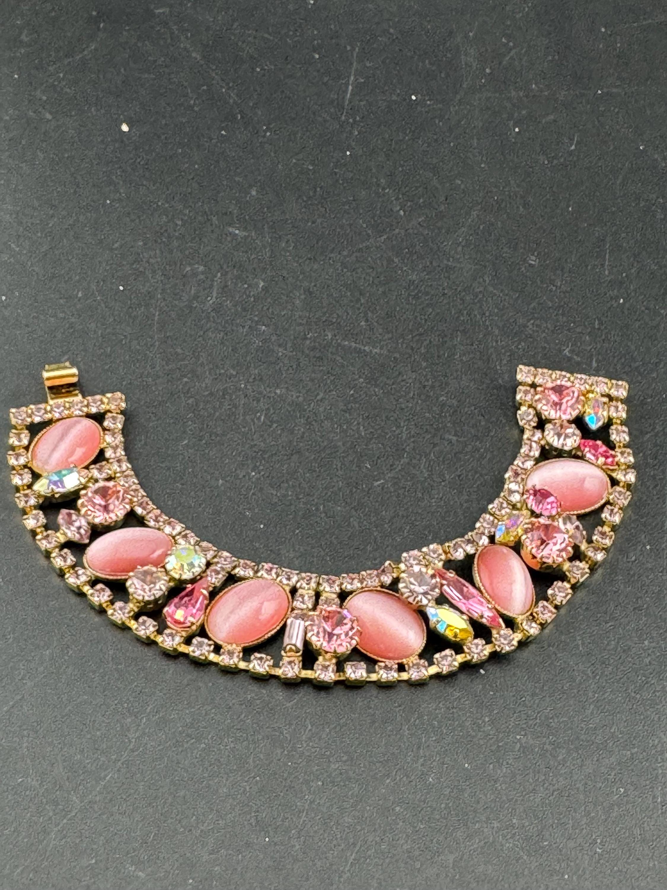 Vintage Pink diamanté cats eye cabocho  gold tone cocktail bracelet 19cm