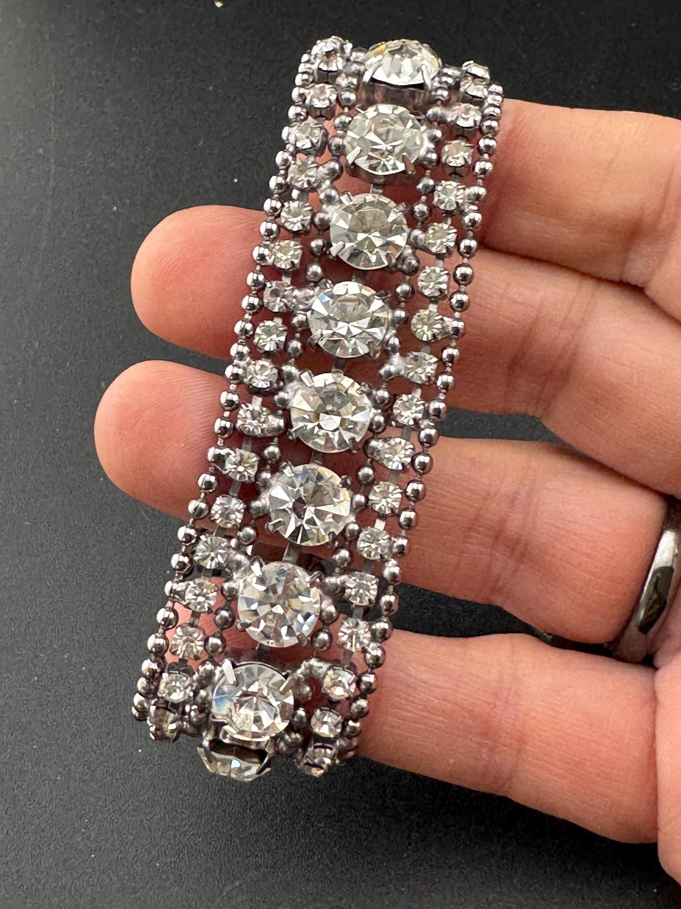 Vintage 2.5cm wide silver clear diamanté crystal cocktail tennis bracelet