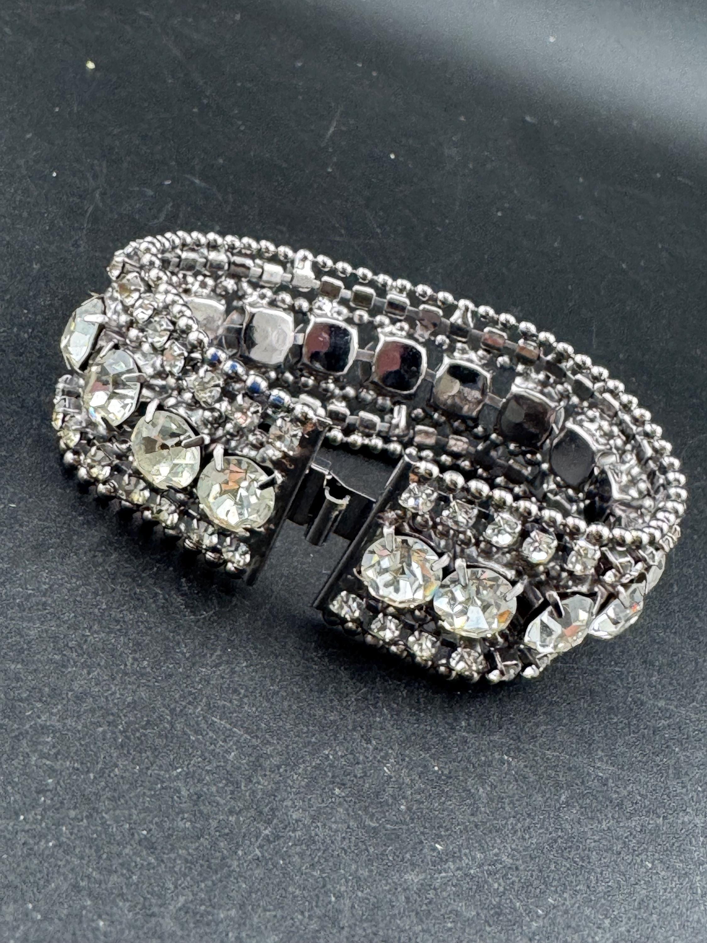 Vintage 2.5cm wide silver clear diamanté crystal cocktail tennis bracelet