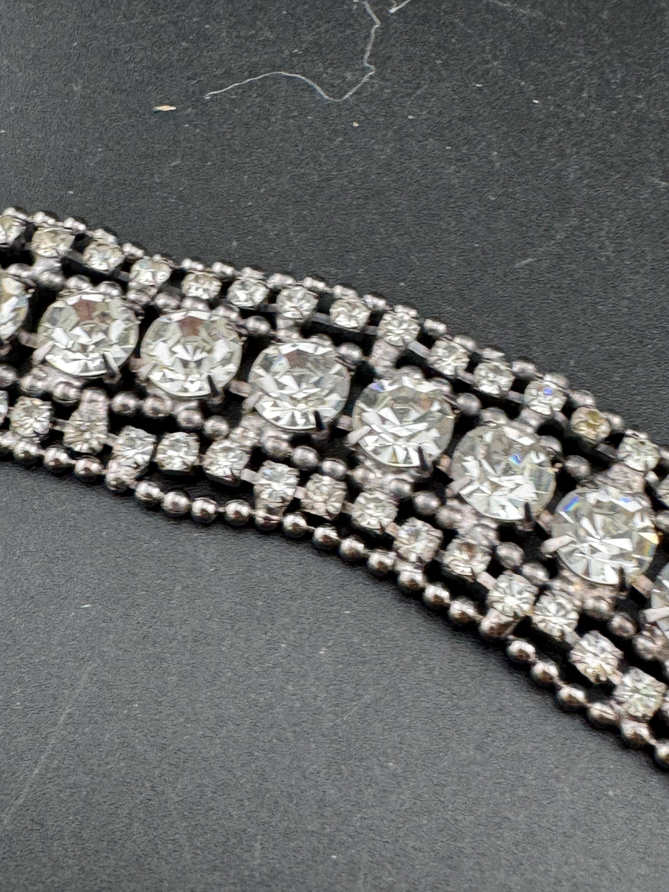 Vintage 2.5cm wide silver clear diamanté crystal cocktail tennis bracelet