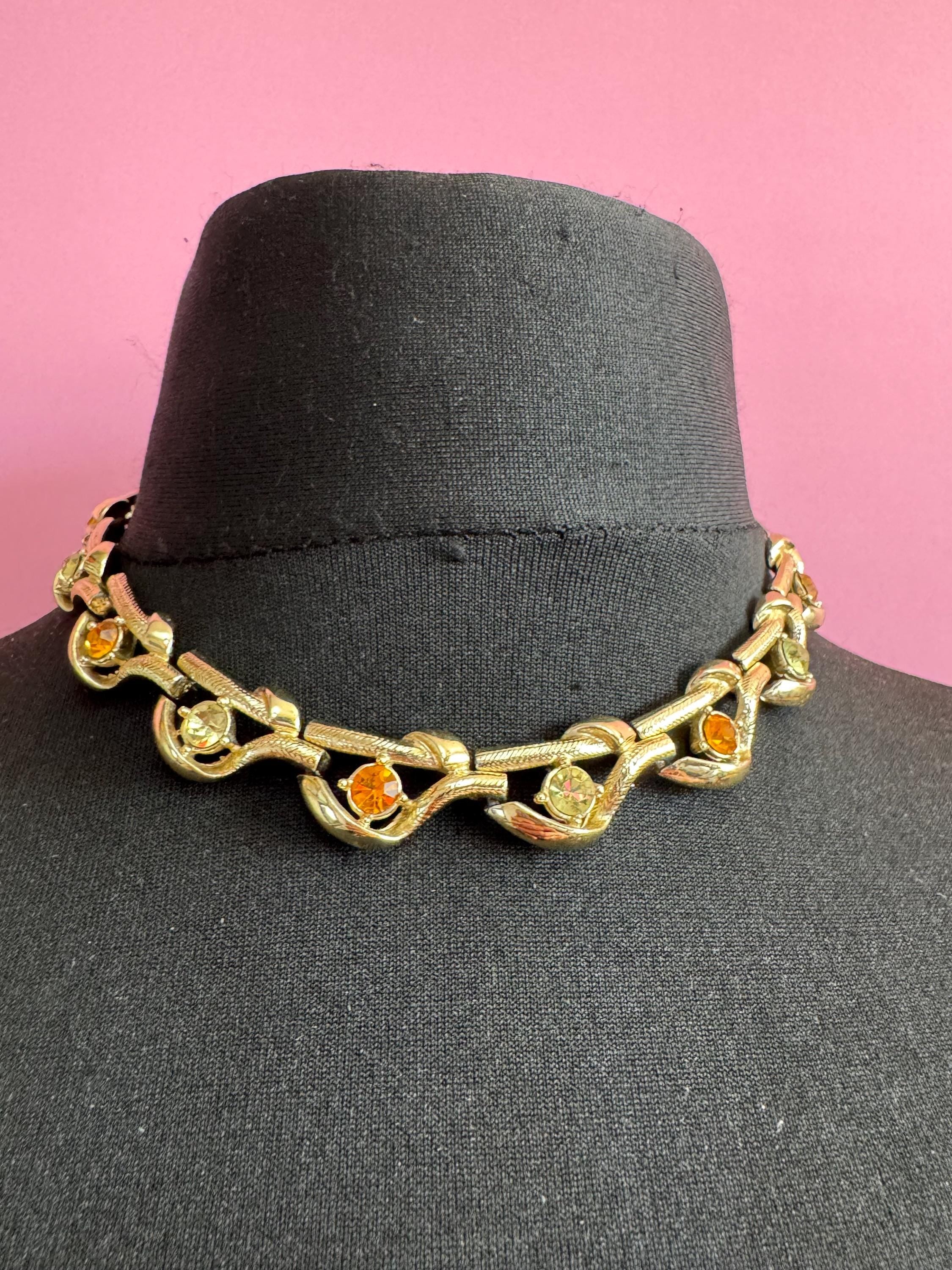 Vintage rhinestone floral choker necklace, gold tone with orange yellow stones