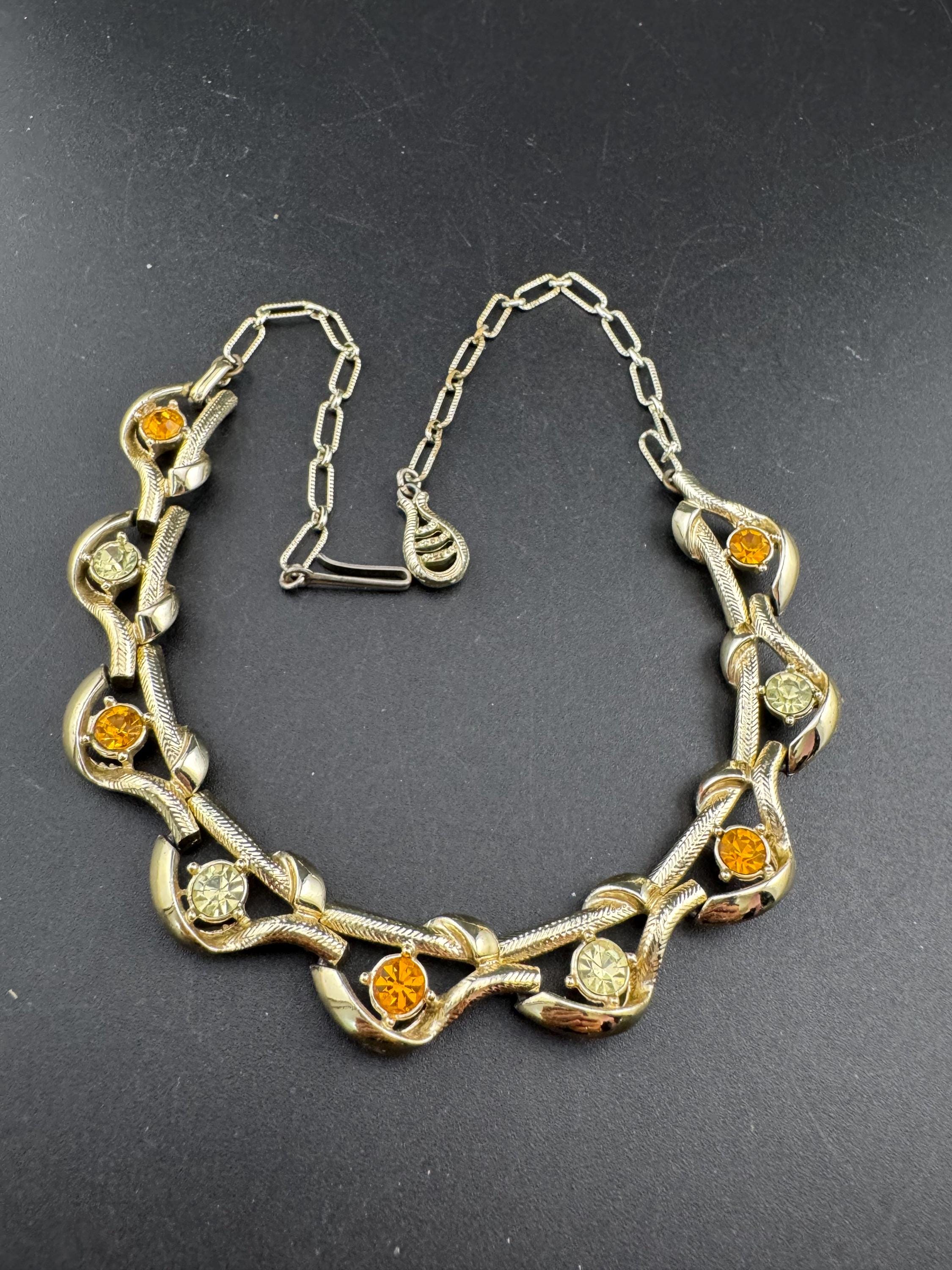 Vintage rhinestone floral choker necklace, gold tone with orange yellow stones