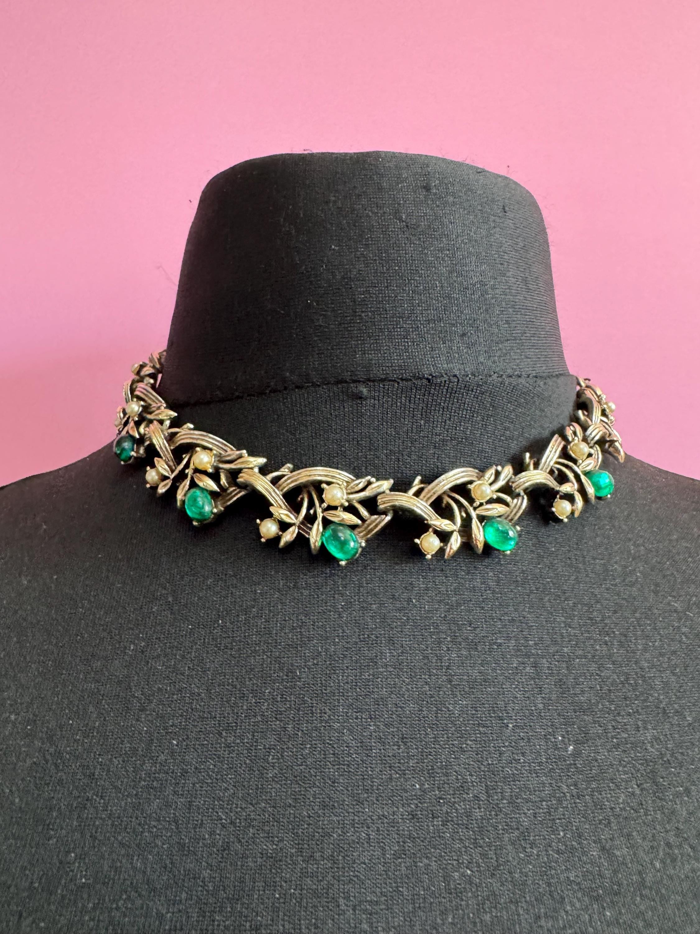 Vintage garnet seed pearl choker necklace, light gold tone with ruby red Rhinestones