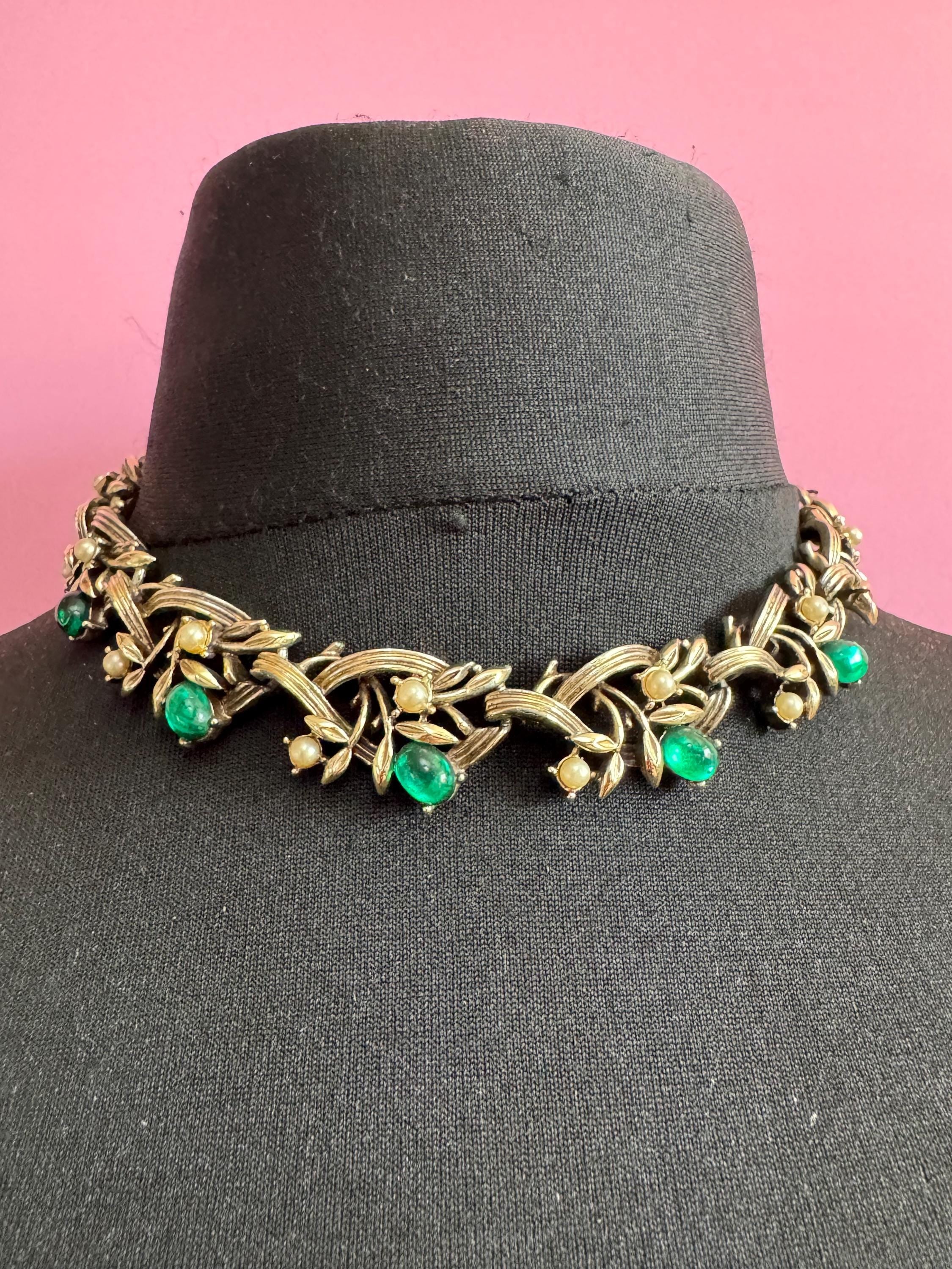 Vintage garnet seed pearl choker necklace, light gold tone with ruby red Rhinestones