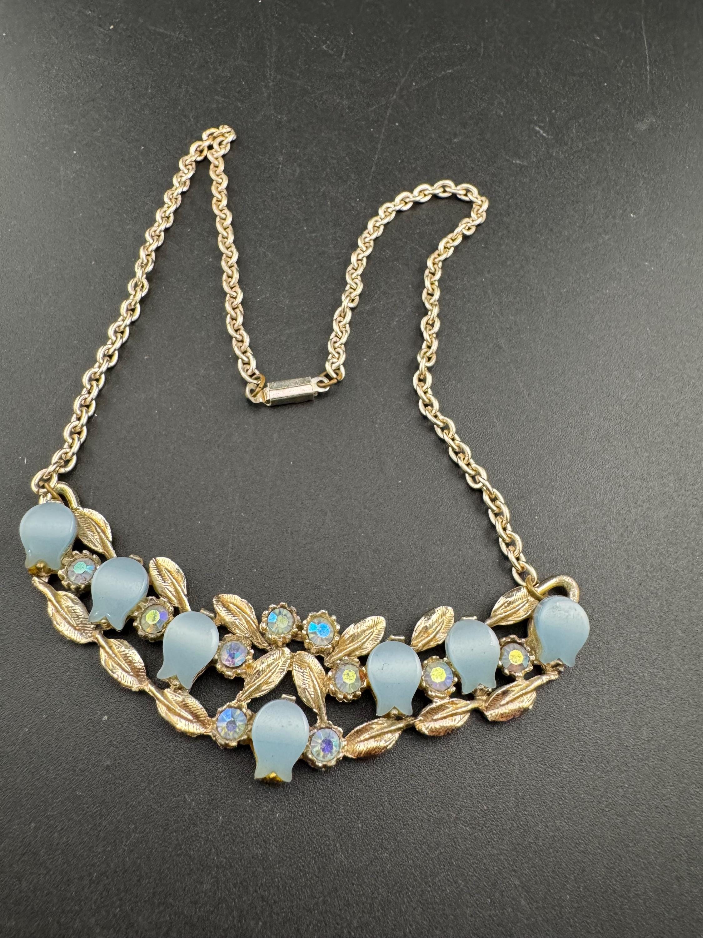 Vintage blue thermoset leaf choker necklace, light gold tone with AB Rhinestones