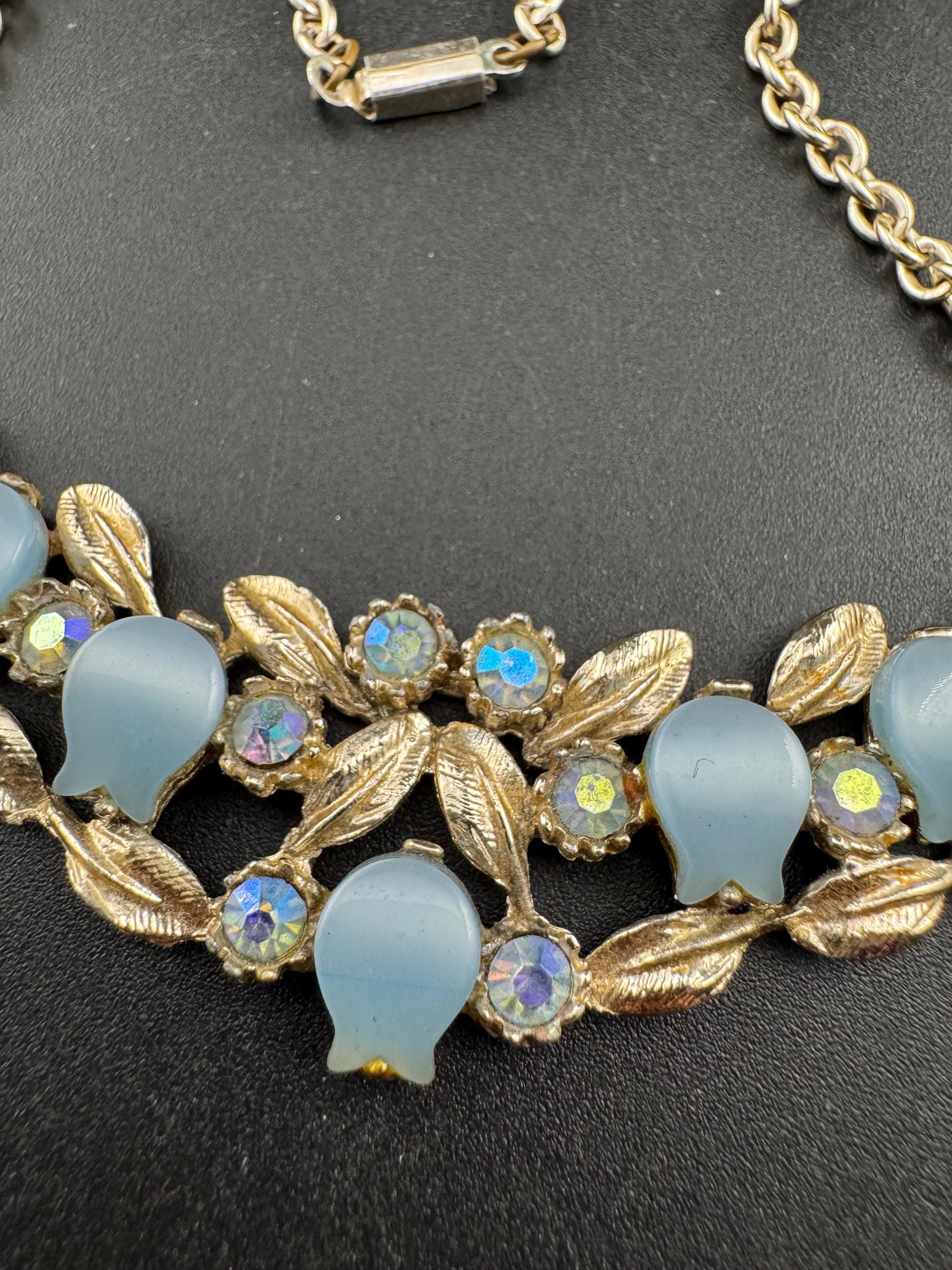 Vintage blue thermoset leaf choker necklace, light gold tone with AB Rhinestones