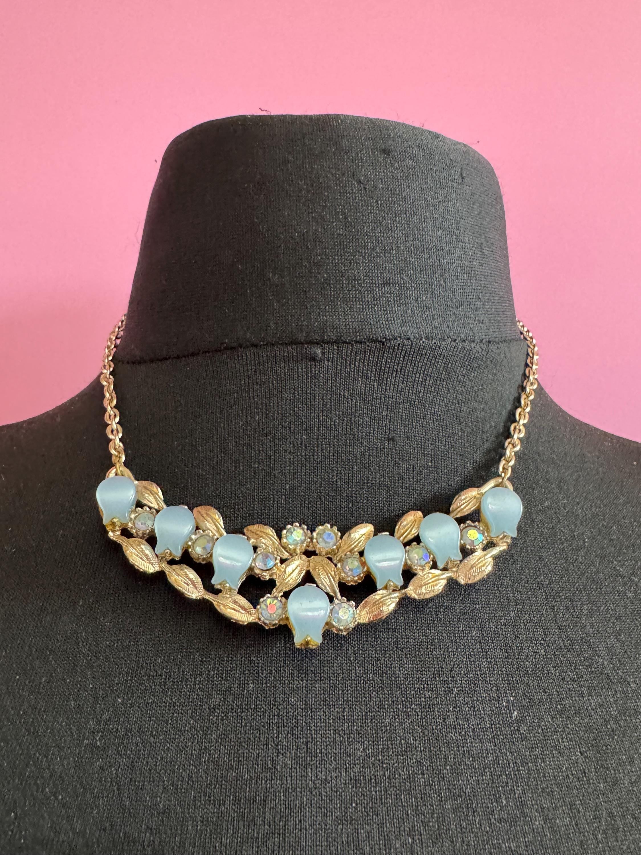 Vintage blue thermoset leaf choker necklace, light gold tone with AB Rhinestones