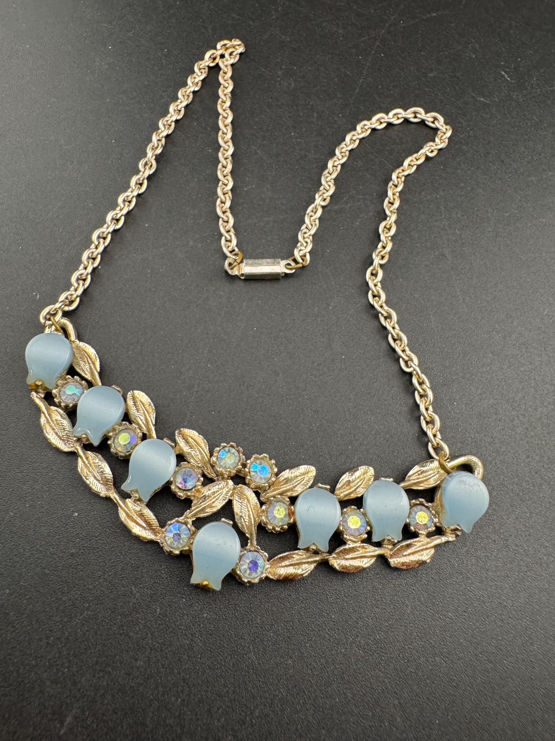 Vintage blue thermoset leaf choker necklace, light gold tone with AB Rhinestones