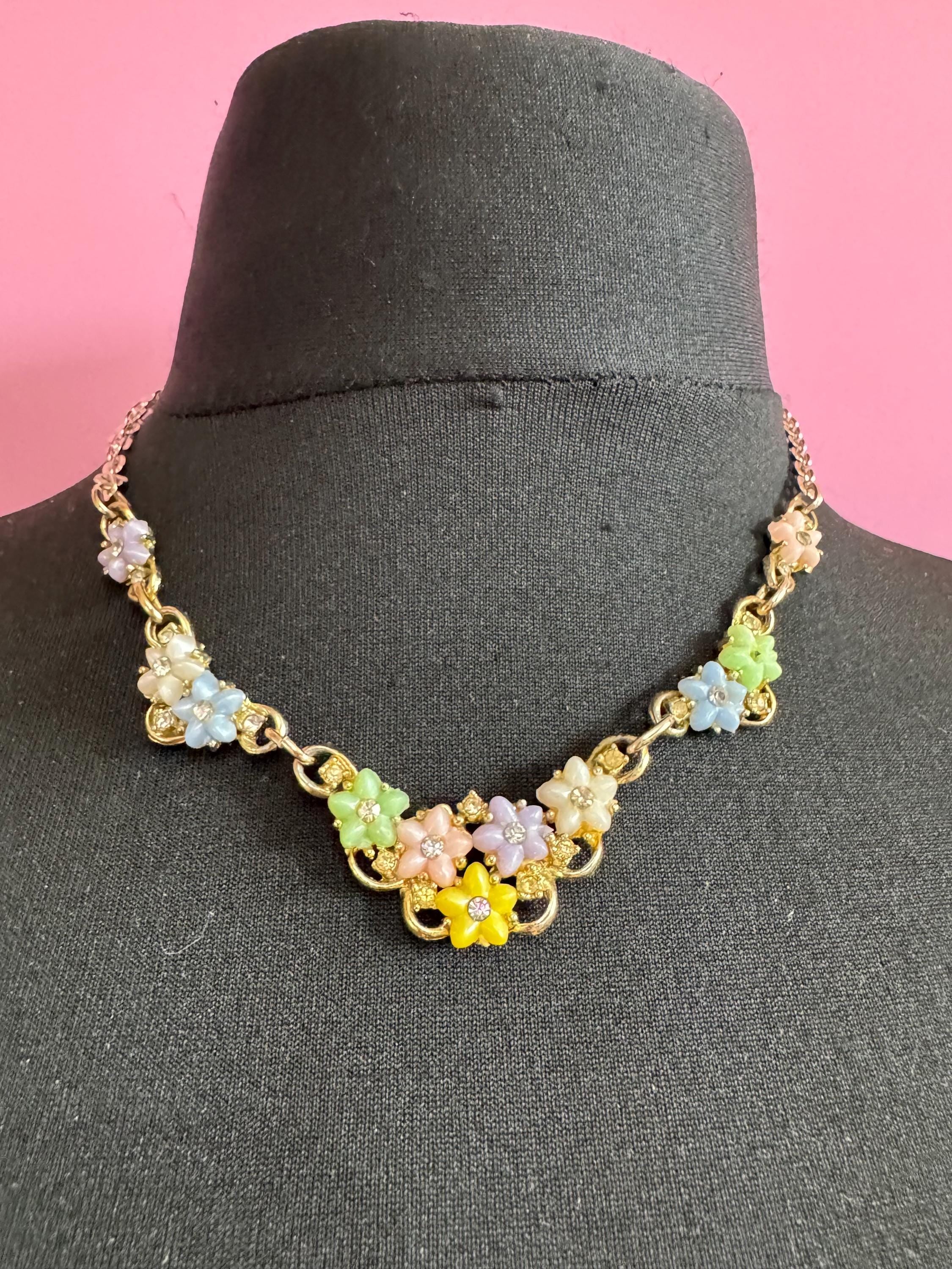 Vintage pastel flower choker necklace, light gold tone with AB Rhinestones