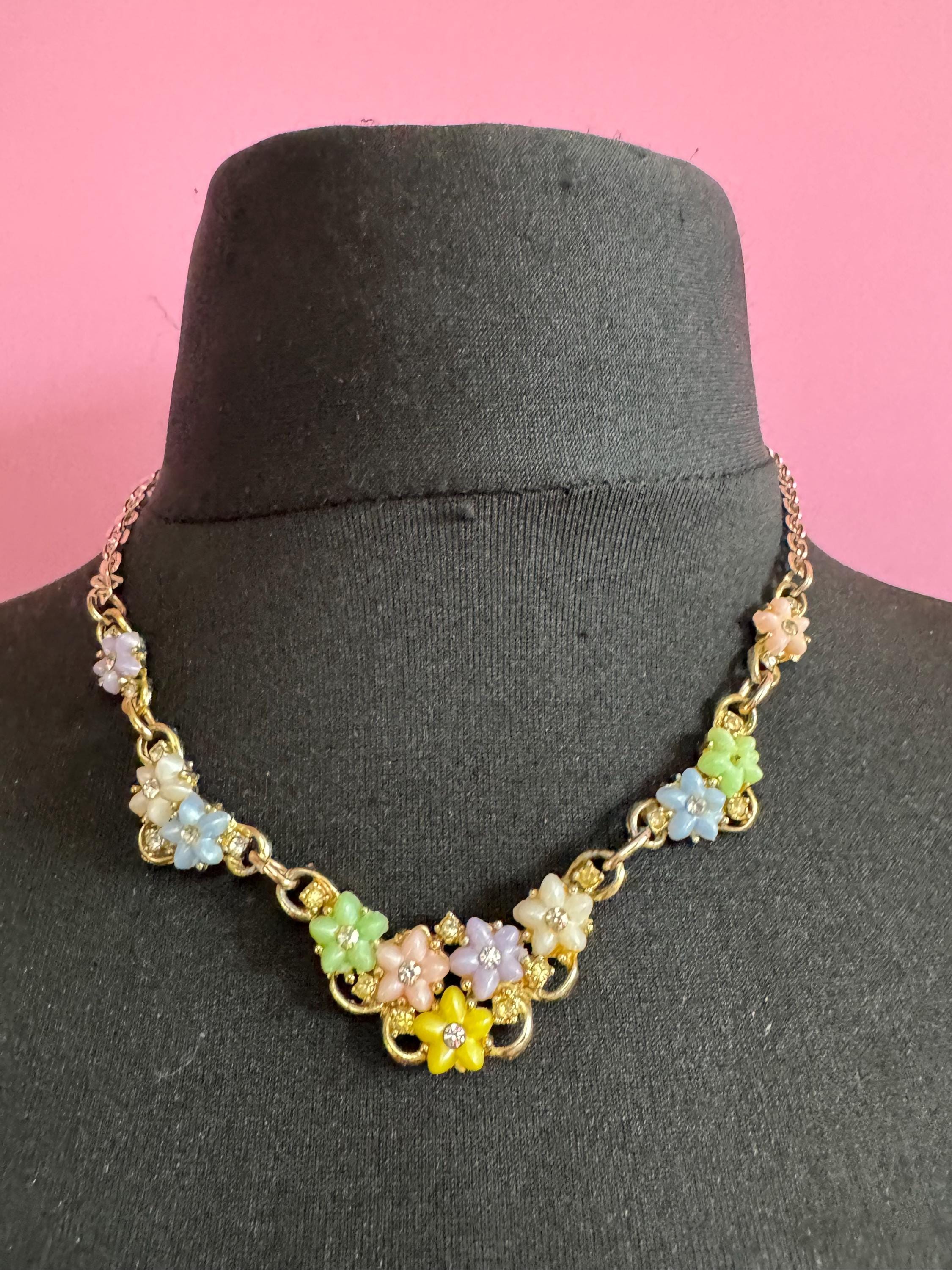 Vintage pastel flower choker necklace, light gold tone with AB Rhinestones