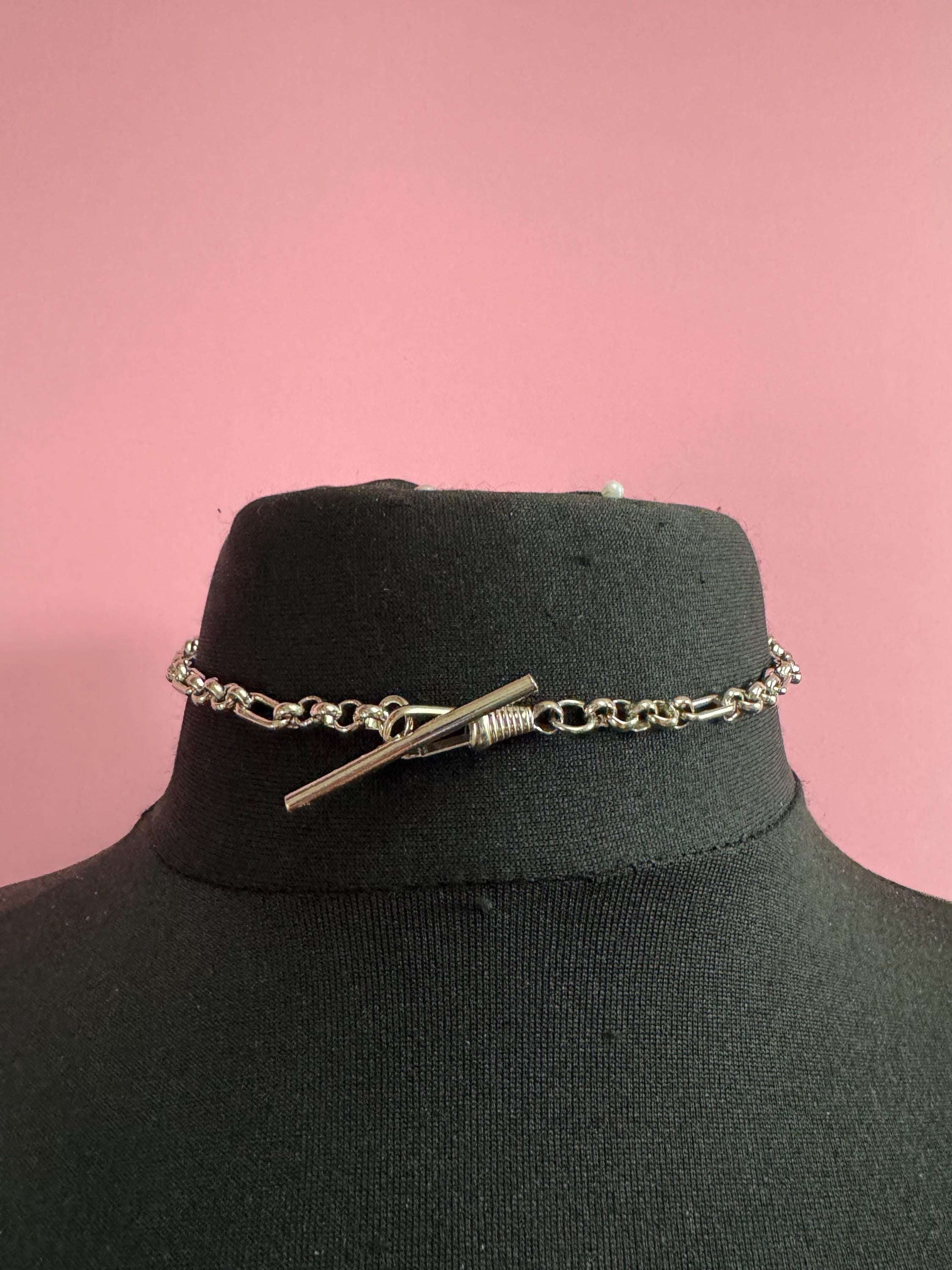 Art Deco long Tbar Pocket Watch Chain: Silver Metal machine age, 38.5cm