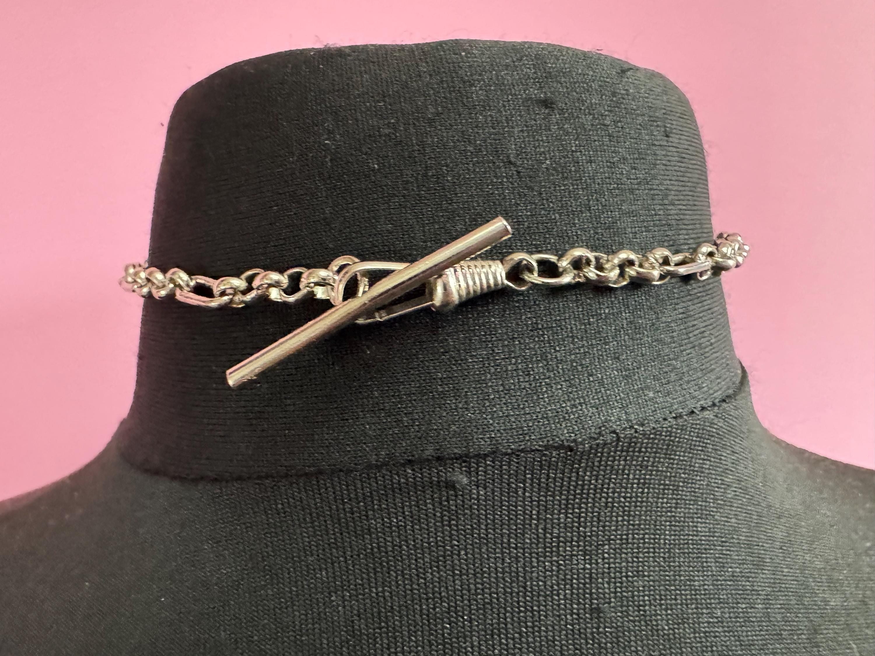 Art Deco long Tbar Pocket Watch Chain: Silver Metal machine age, 38.5cm