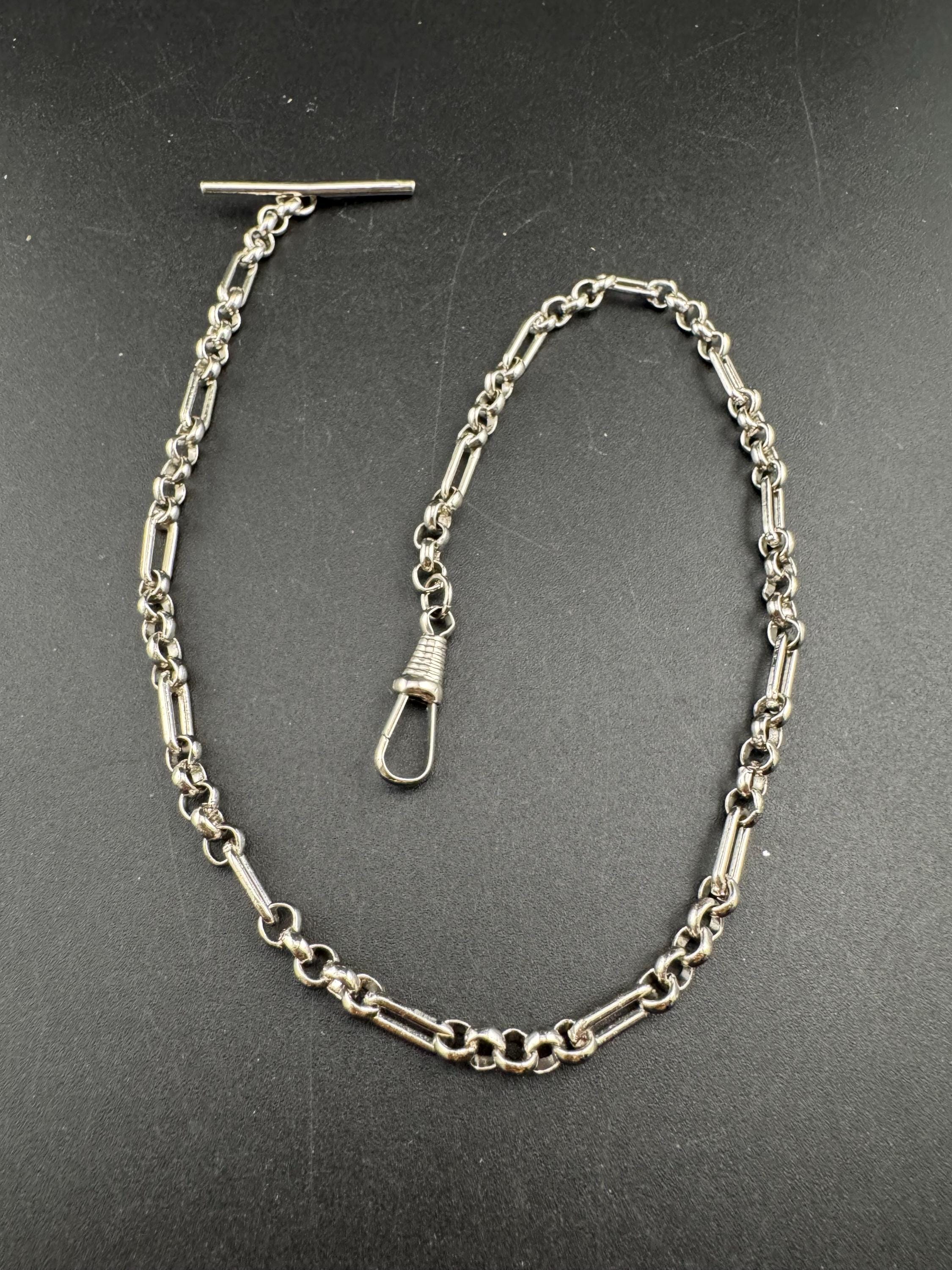 Art Deco long Tbar Pocket Watch Chain: Silver Metal machine age, 38.5cm