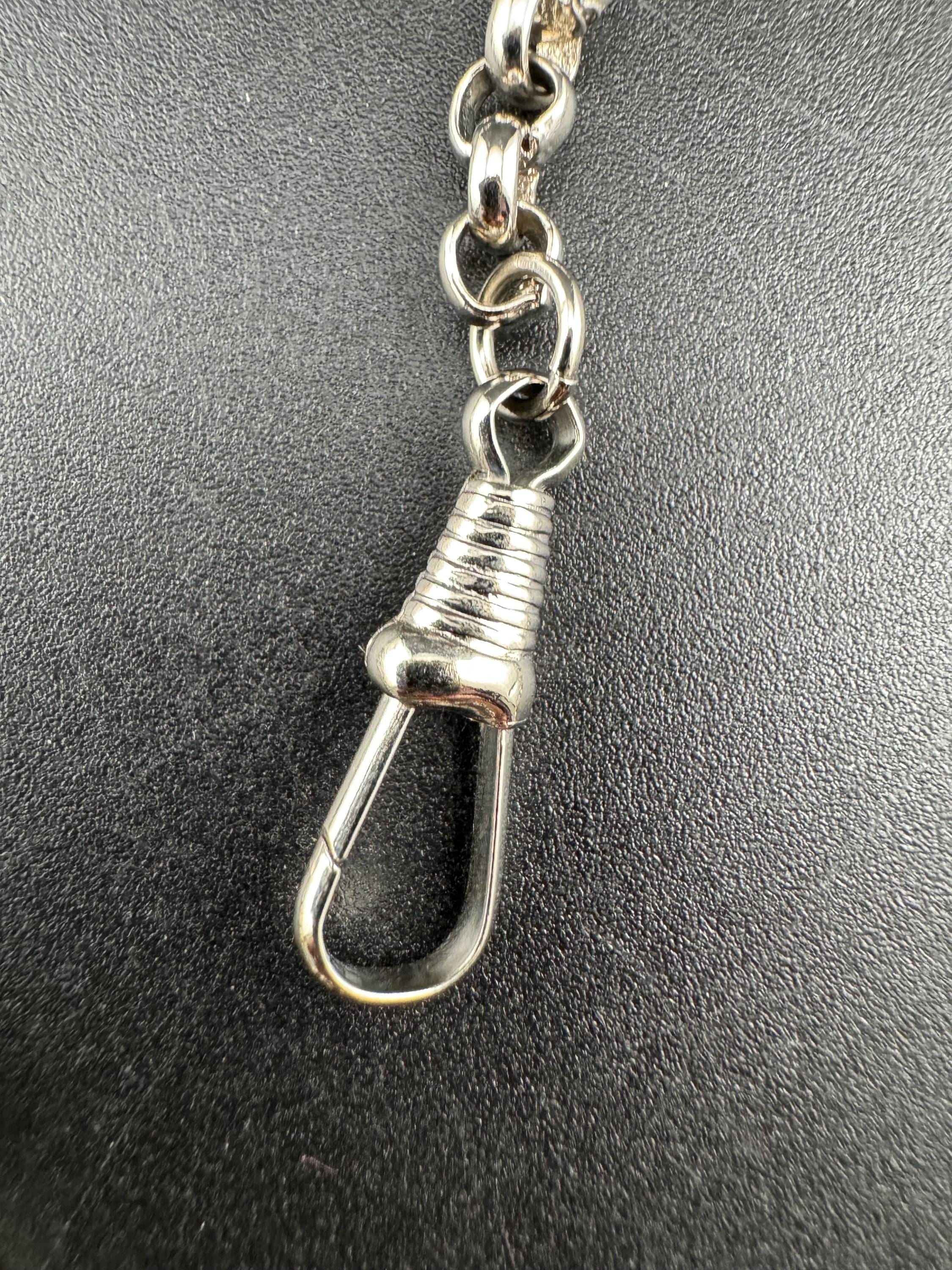 Art Deco long Tbar Pocket Watch Chain: Silver Metal machine age, 38.5cm