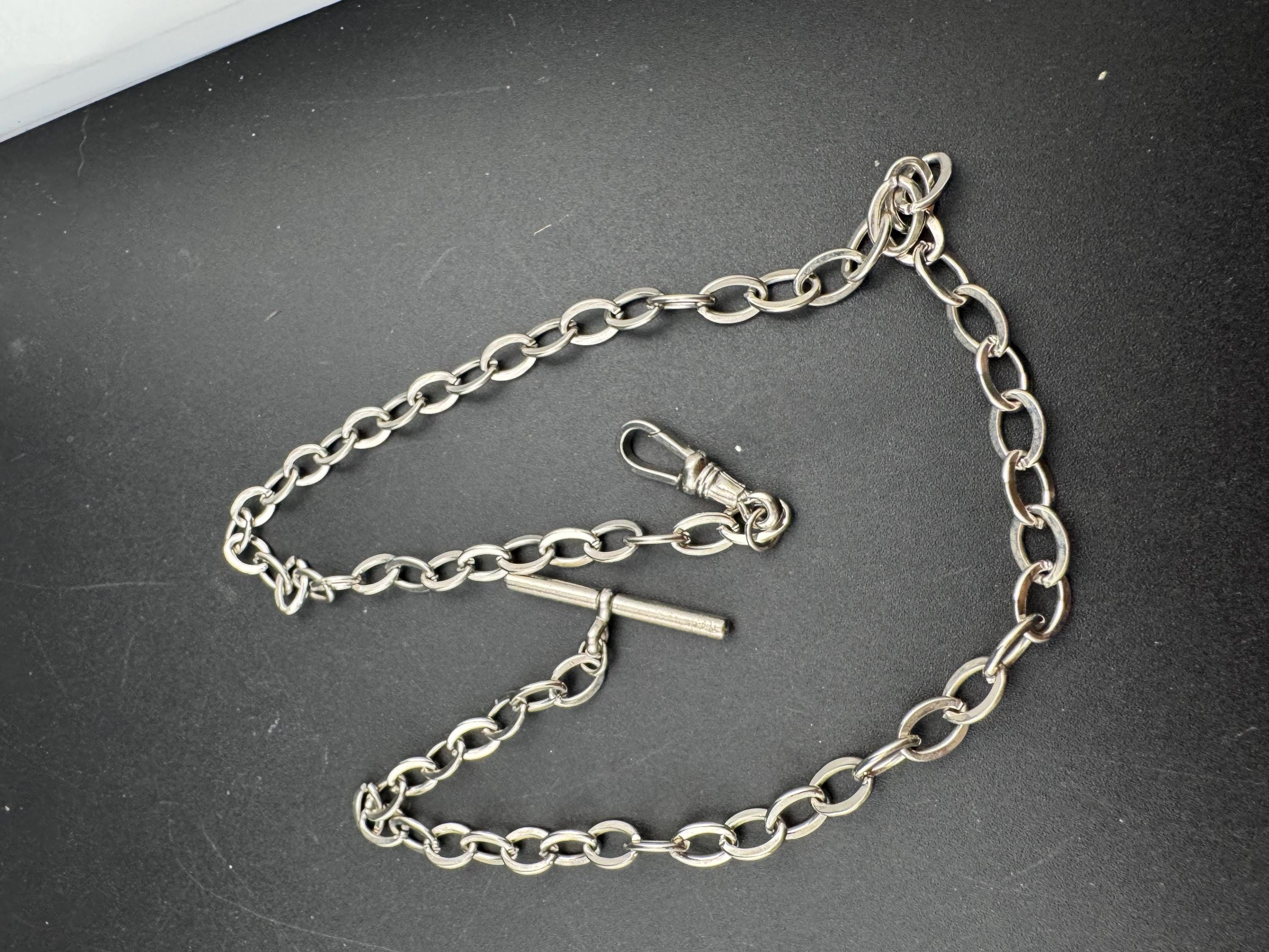 Art Deco Pocket Watch Chain T bar necklace : Silver Metal machine age, 54cm
