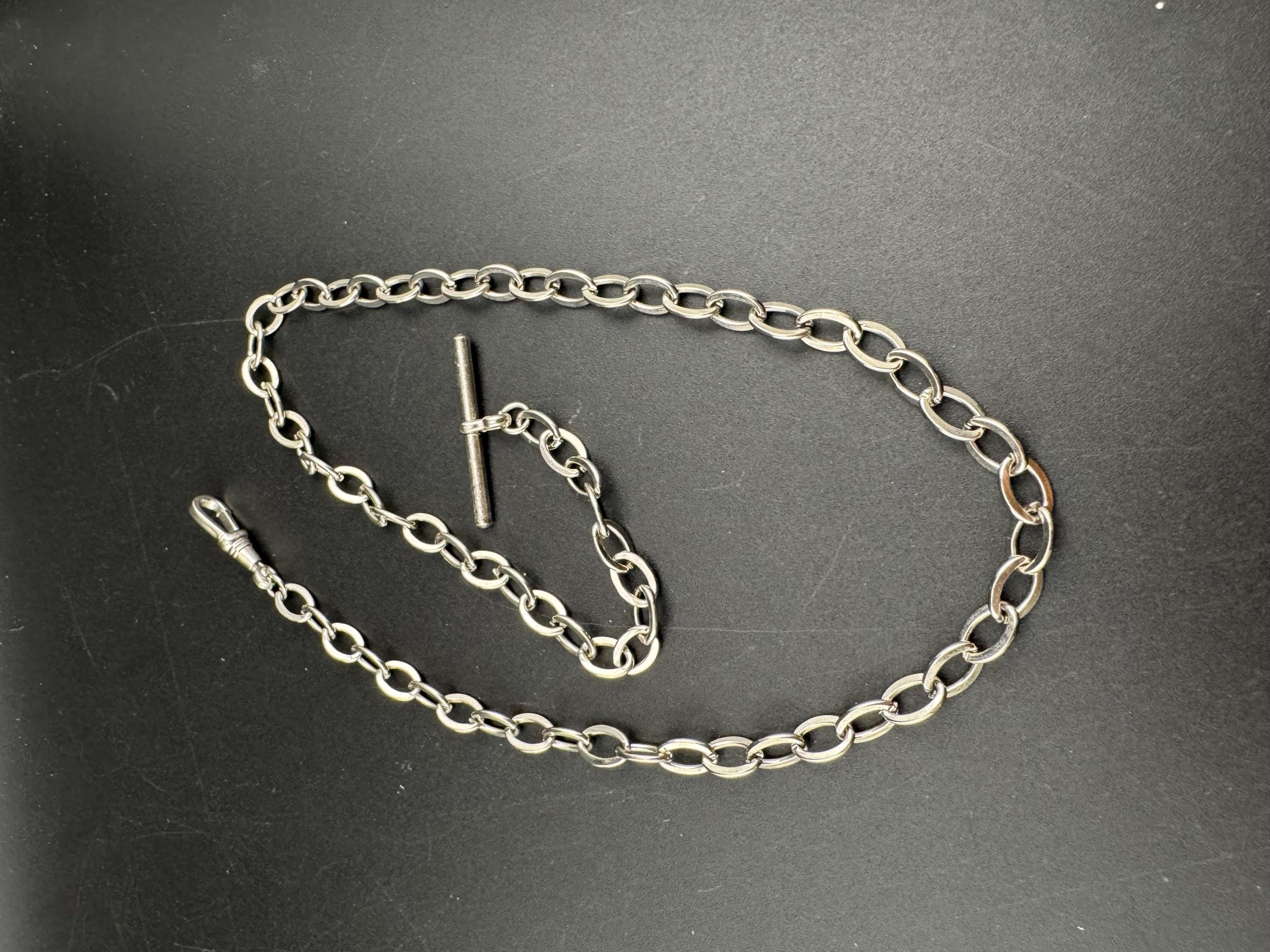Art Deco Pocket Watch Chain T bar necklace : Silver Metal machine age, 54cm
