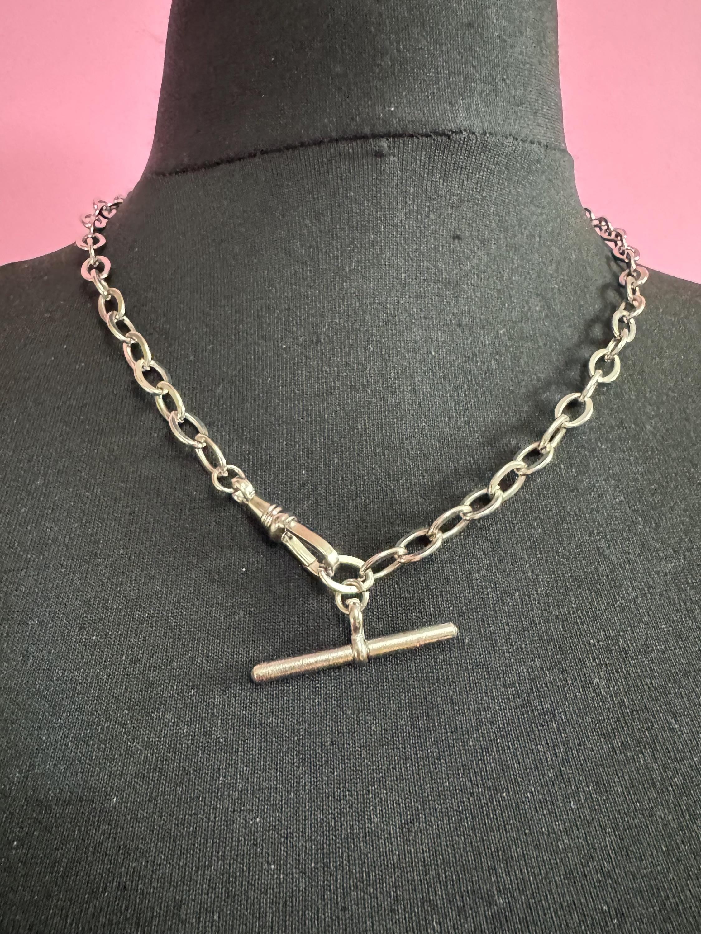 Art Deco Pocket Watch Chain T bar necklace : Silver Metal machine age, 54cm