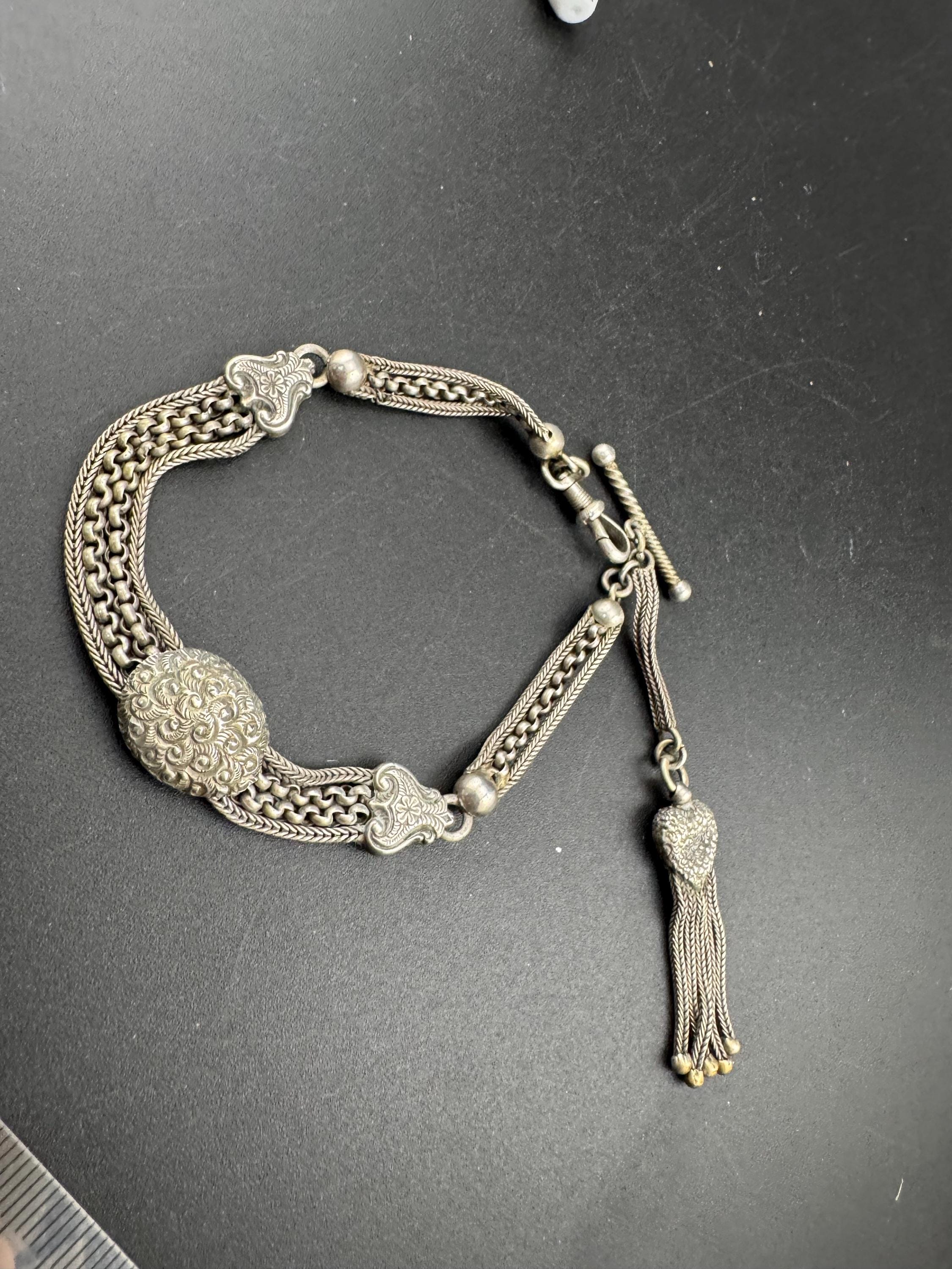 antique solid silver Victorian Albertina pocket watch chain, with tassel guard clasp 20.5cm