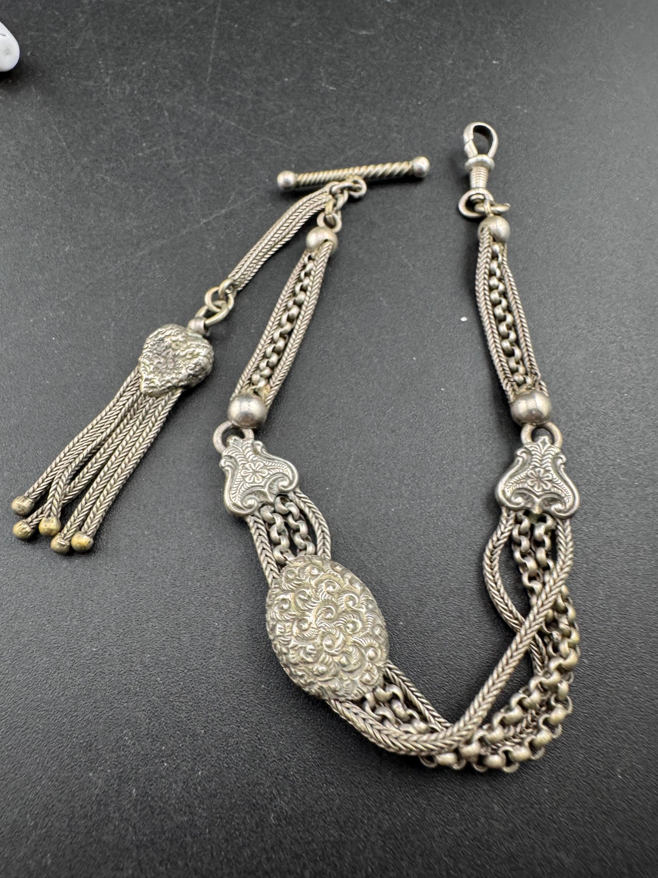 antique solid silver Victorian Albertina pocket watch chain, with tassel guard clasp 20.5cm