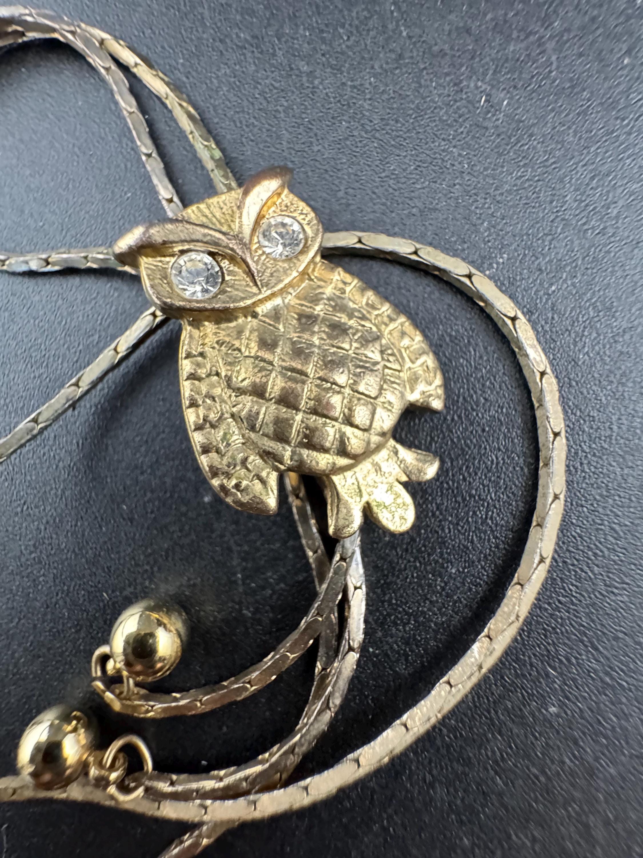 Vintage owl slider bolo necklace, with pat no , gold plated
