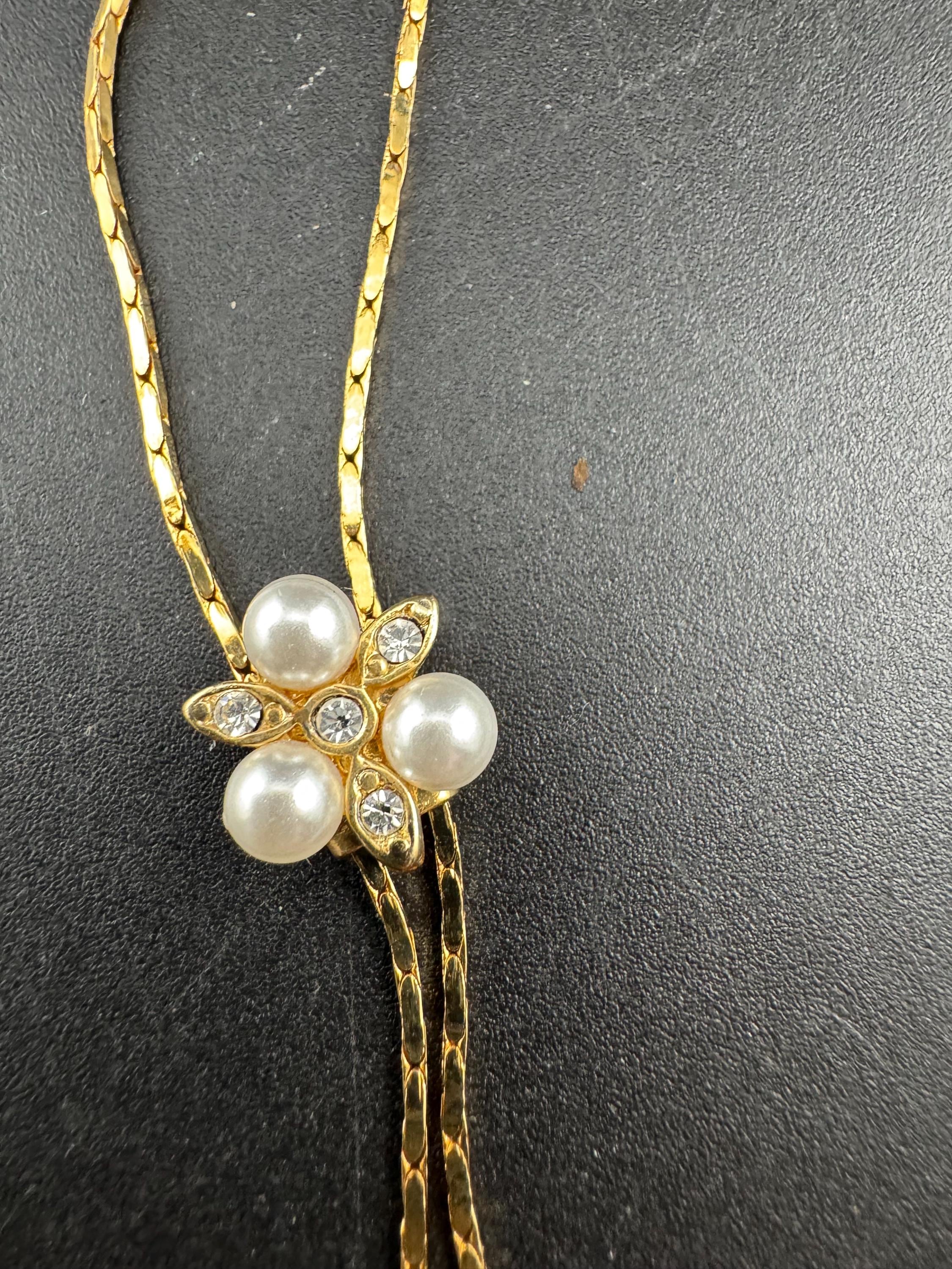 Vintage pearl and crystal slider bolo necklace, with pat no , gold plated