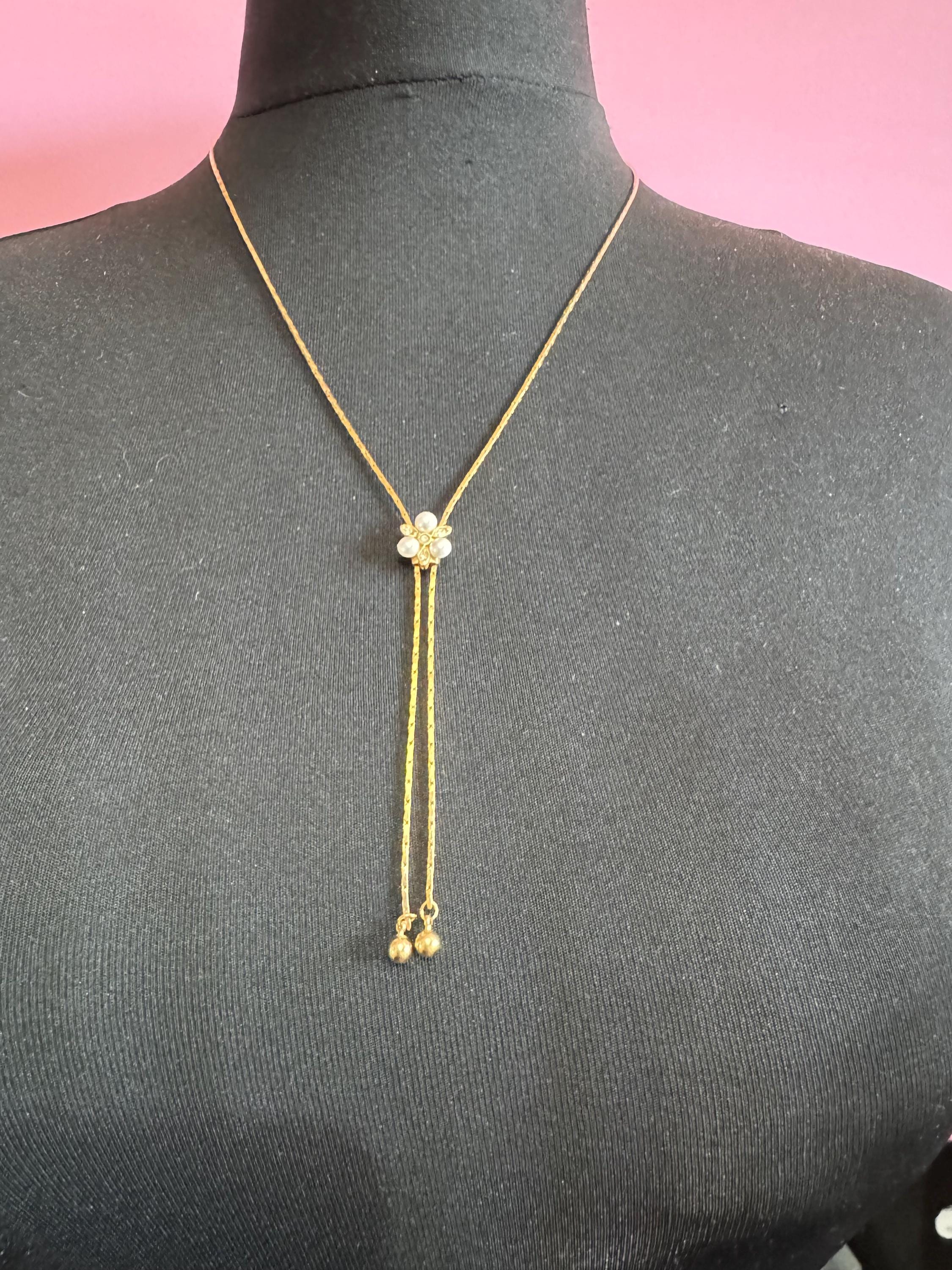 Vintage pearl and crystal slider bolo necklace, with pat no , gold plated