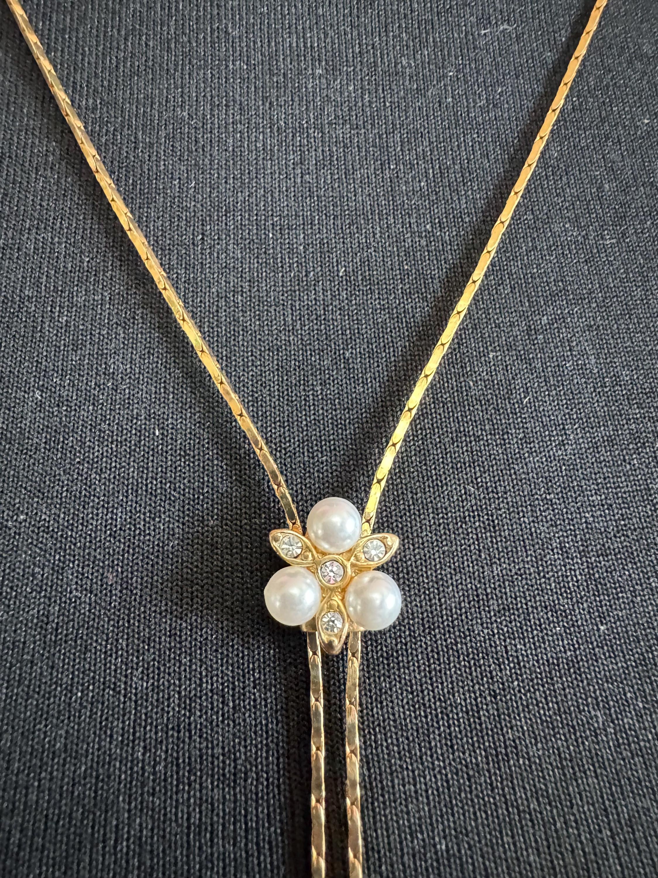 Vintage pearl and crystal slider bolo necklace, with pat no , gold plated