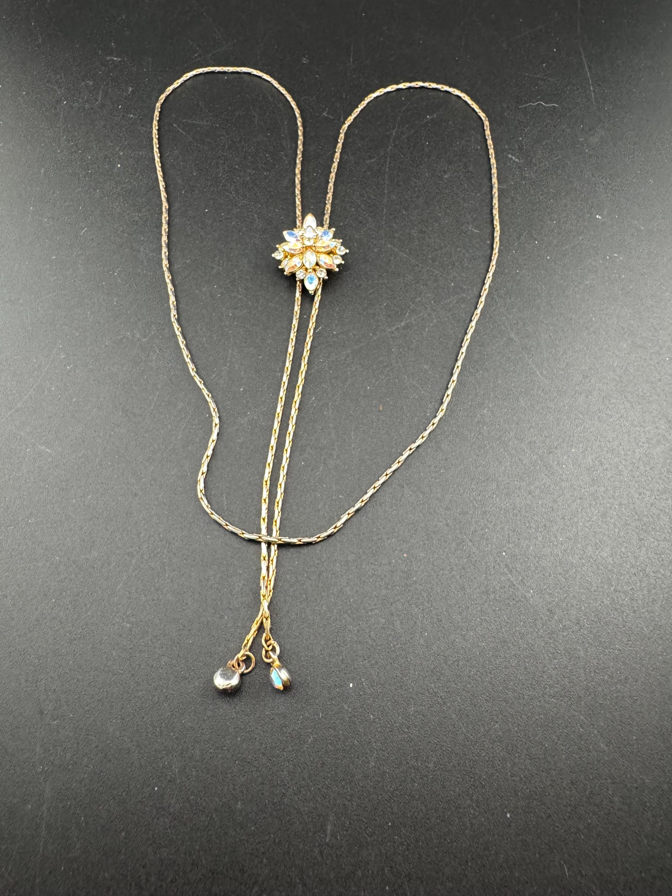 Vintage ab crystal slider bolo necklace, gold plated diamanté
