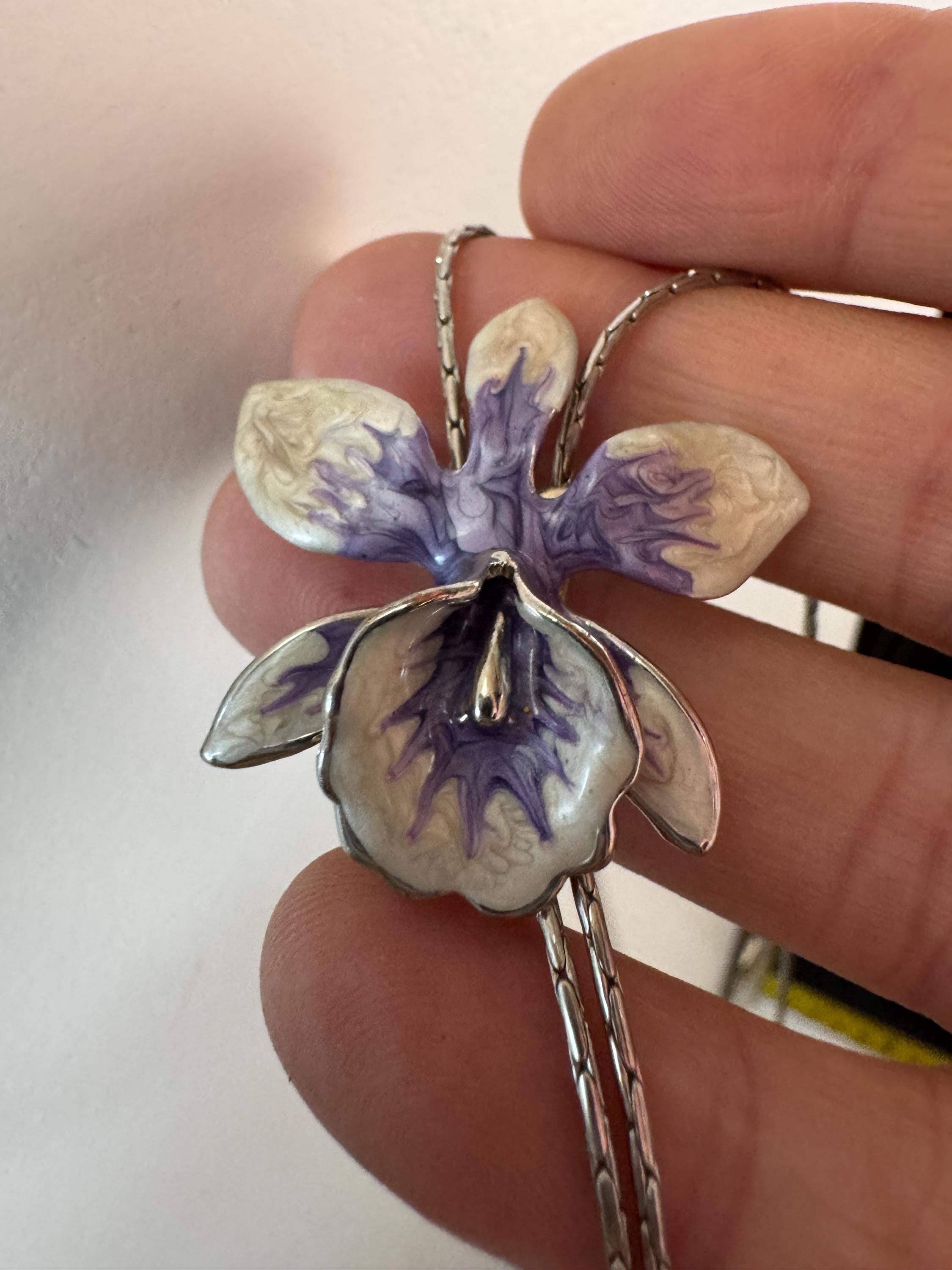 Vintage purple enamel orchid flower slider bolo necklace, silver tone