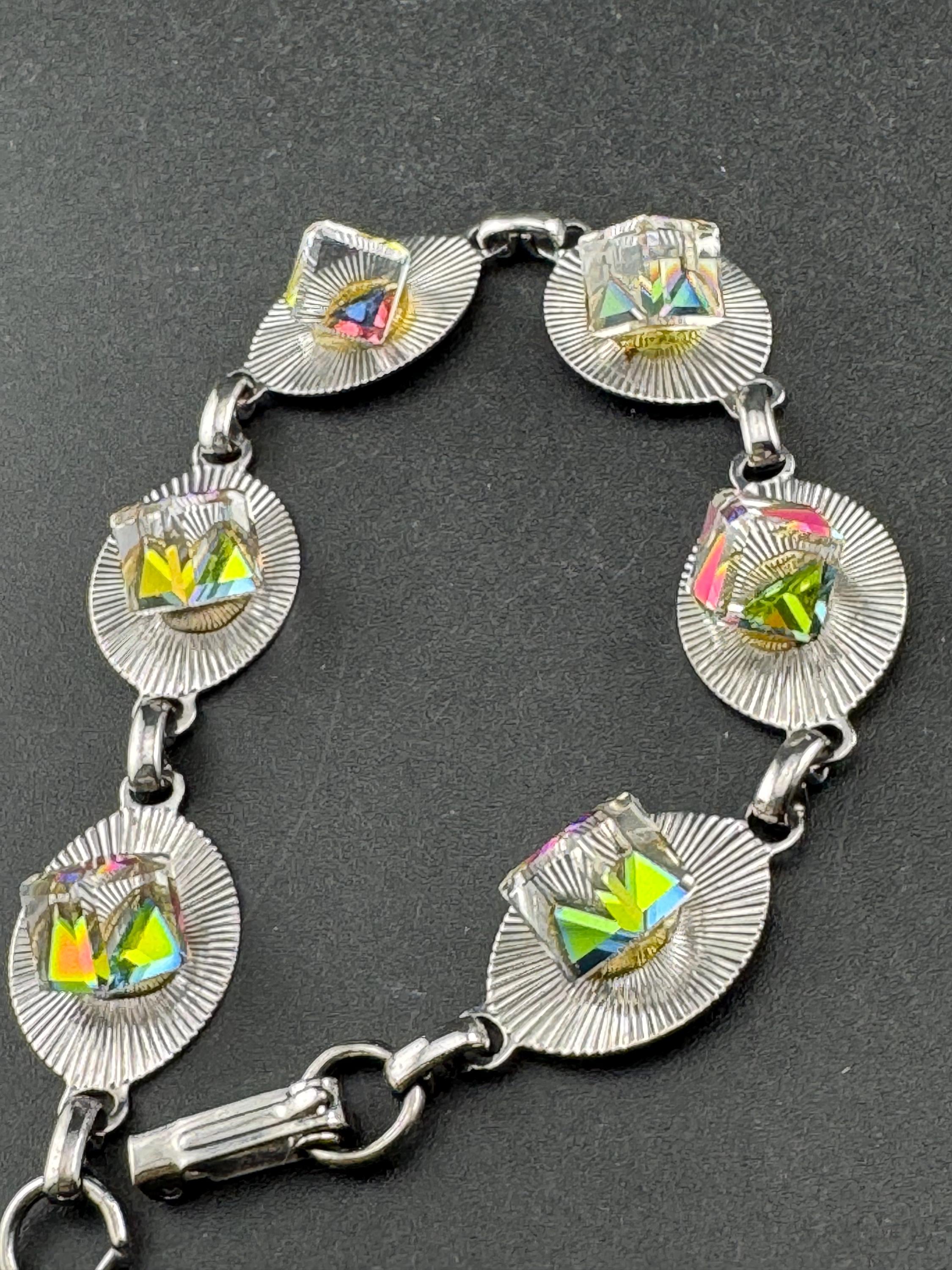 Vintage 1970s stainless steel bracelet , pink yellow glass cube cabochons