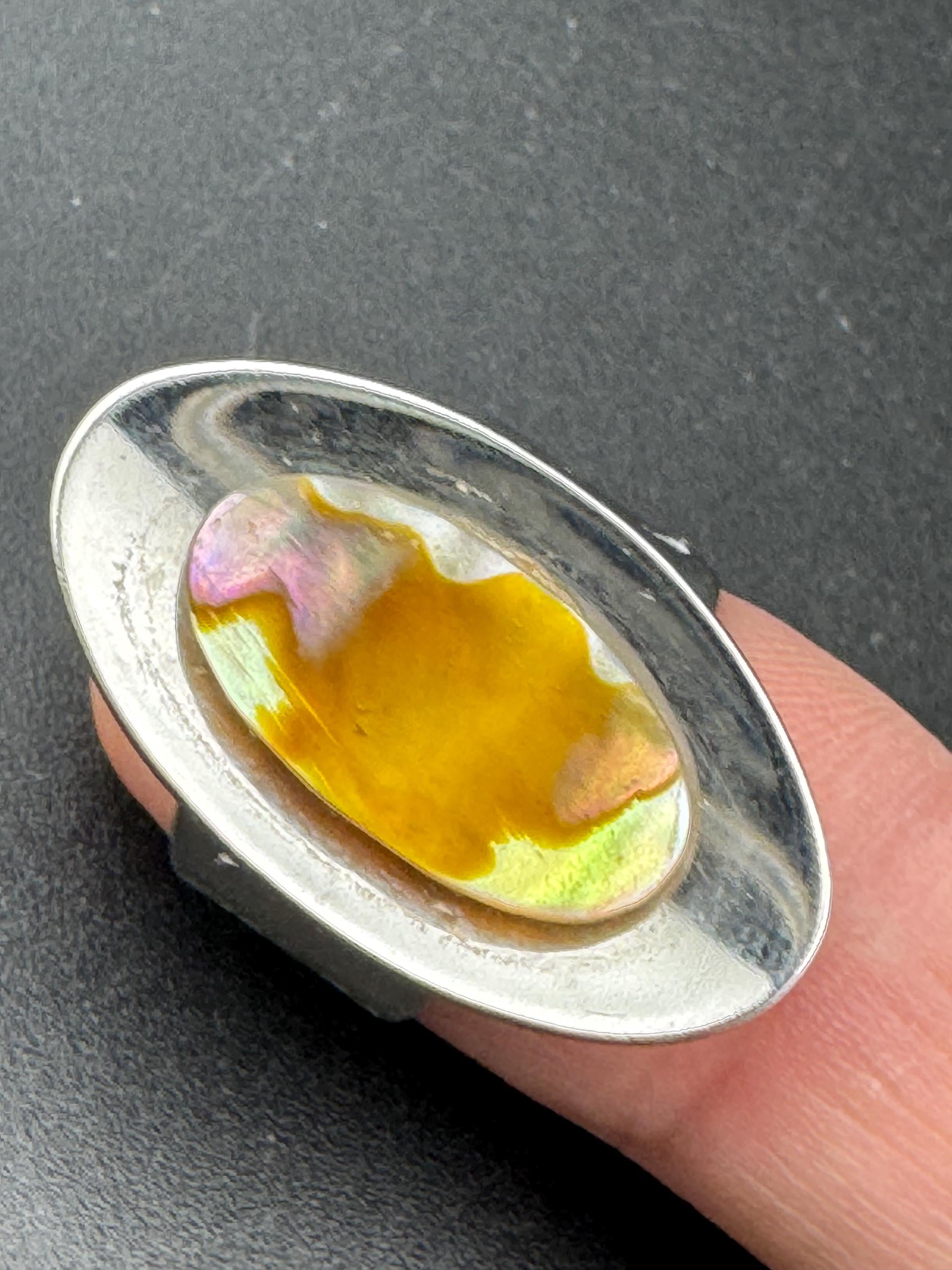 1970s stainless steel adjustable ring, set with abalone shell, vintage