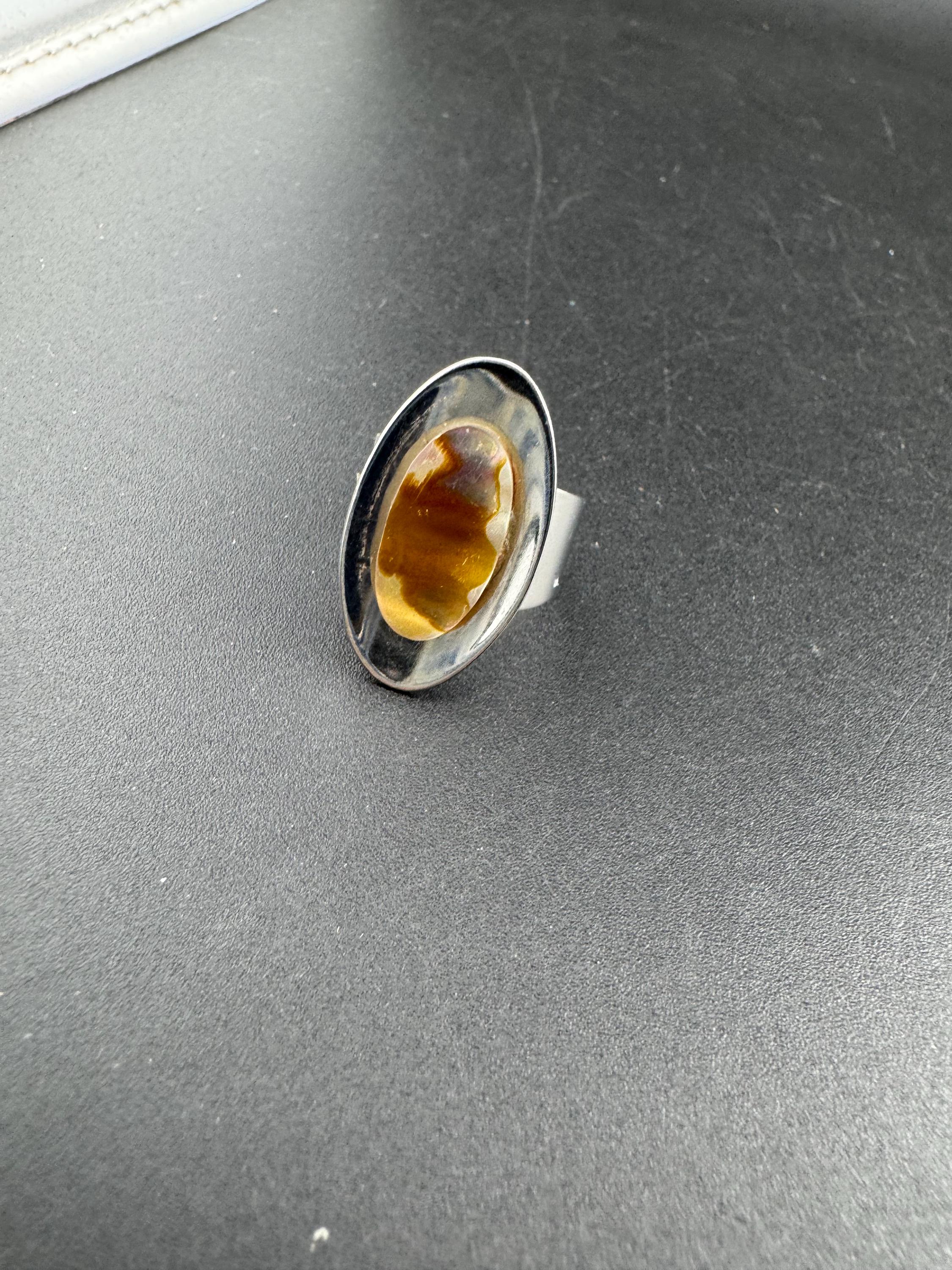 1970s stainless steel adjustable ring, set with abalone shell, vintage