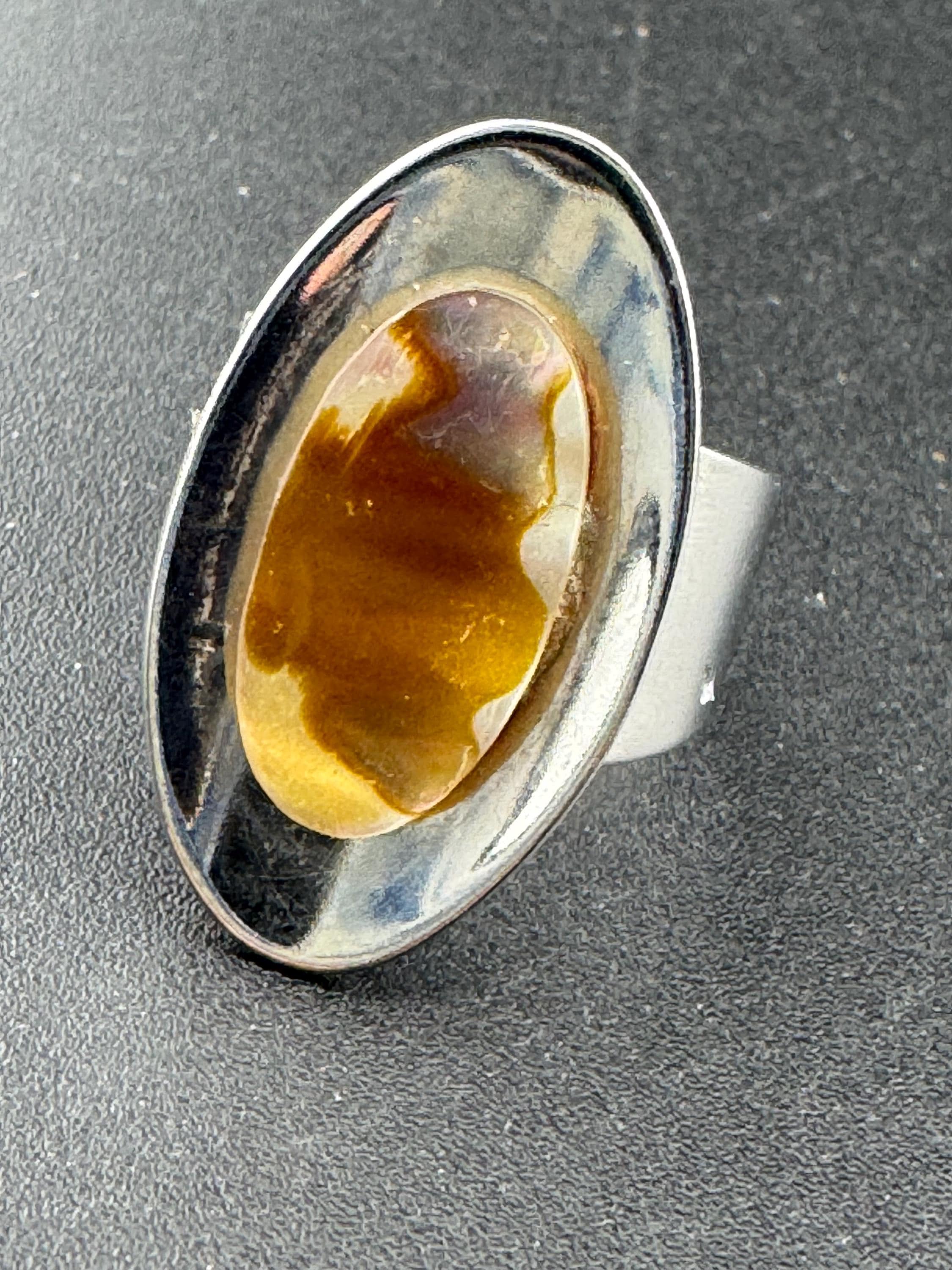 1970s stainless steel adjustable ring, set with abalone shell, vintage