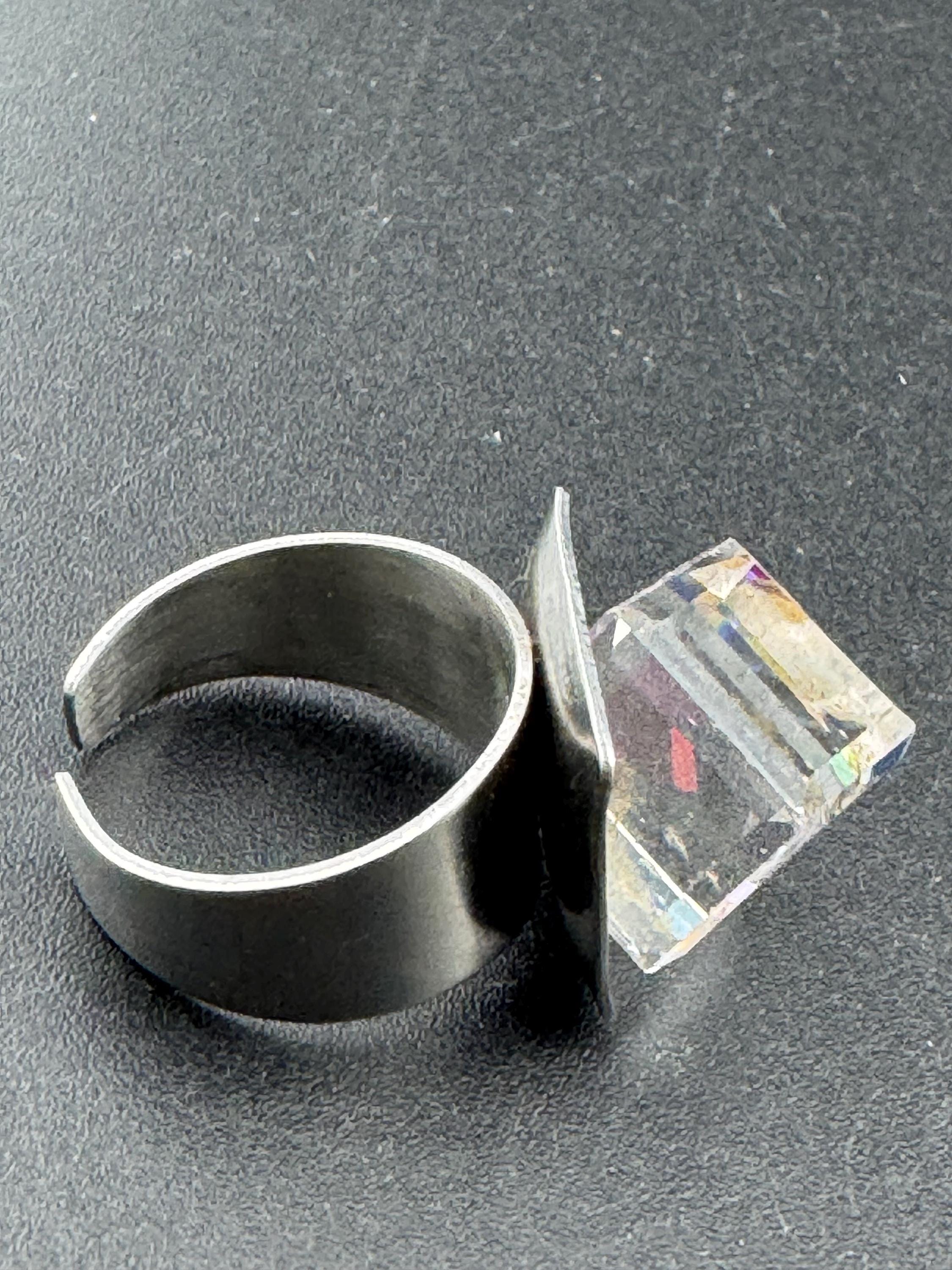 1970s stainless steel adjustable ring, set with rainbow cube glass cabochon, vintage