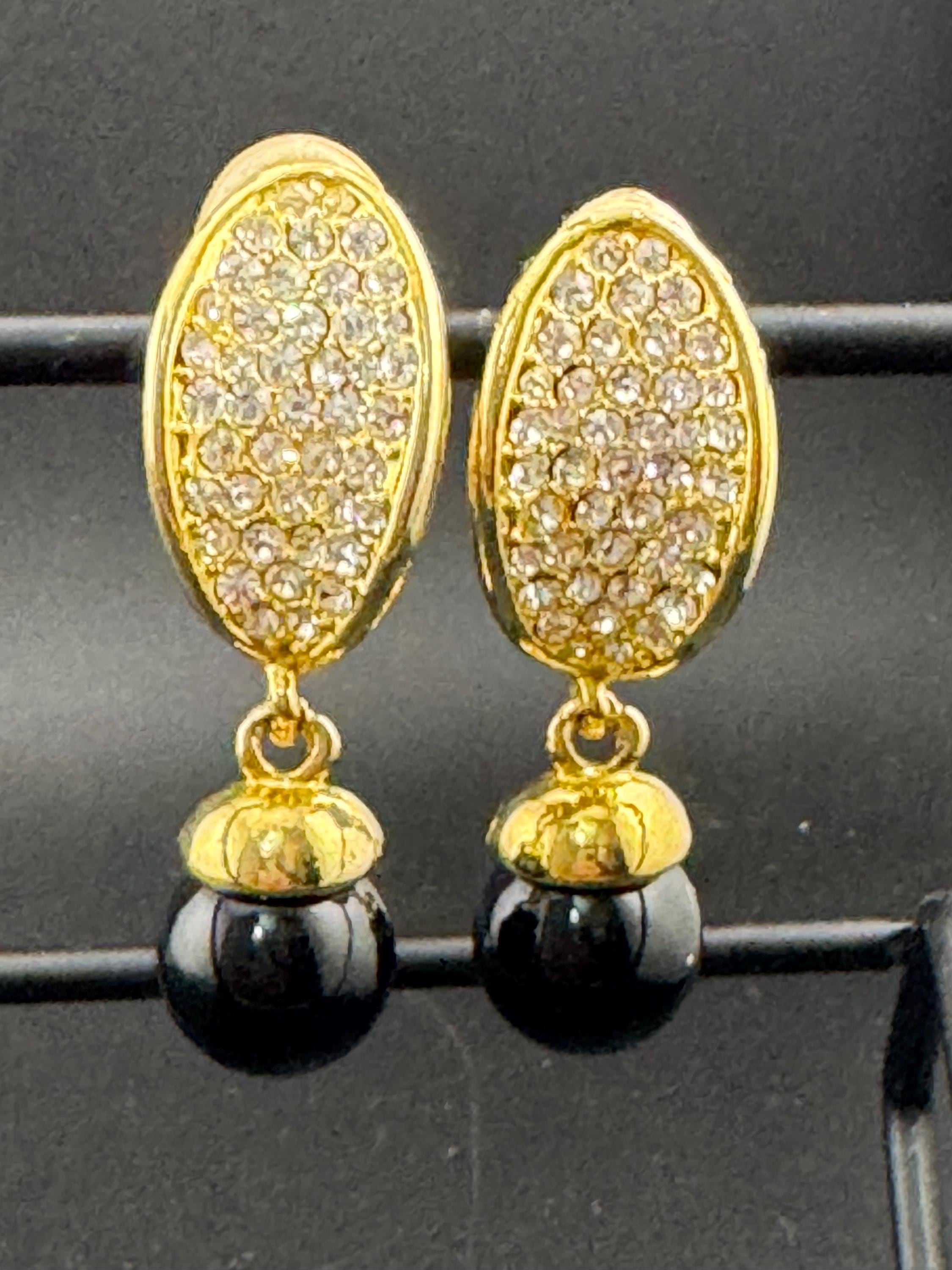 Vintage clear diamanté black ball clip on earrings, dangly drop