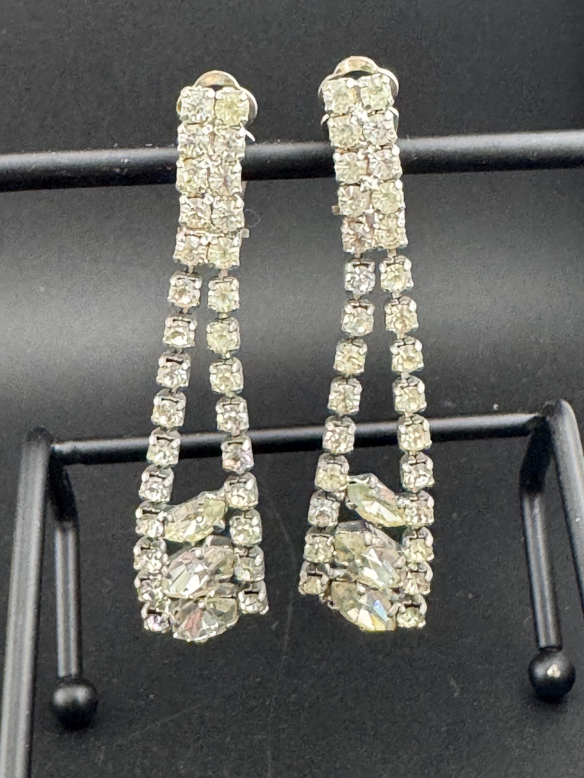 Vintage Rhinestone long Drop Clip on Earrings,  6cm silver tone