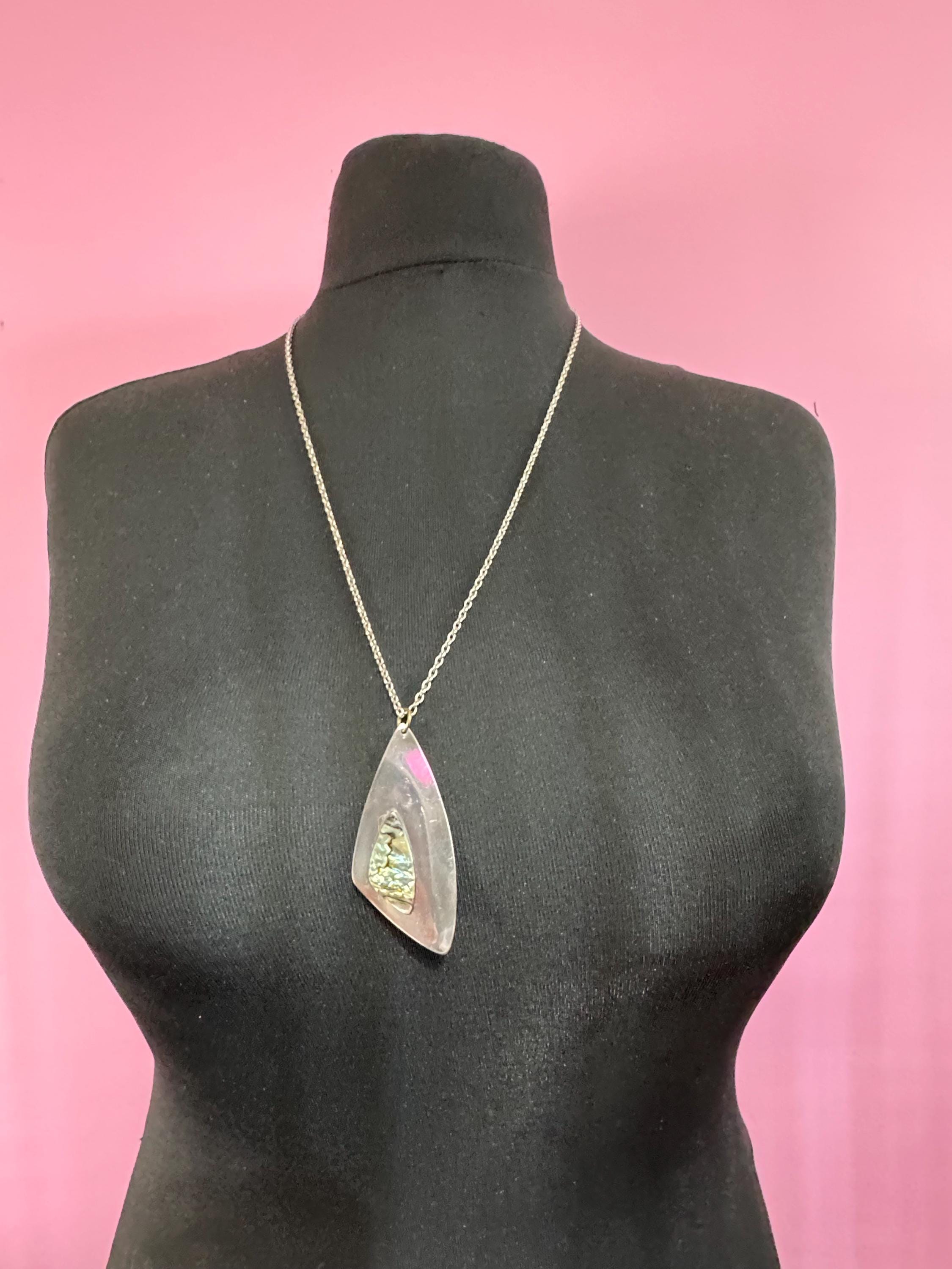 Vintage 1970s stainless steel abalone shell pendant on a 70cm chain