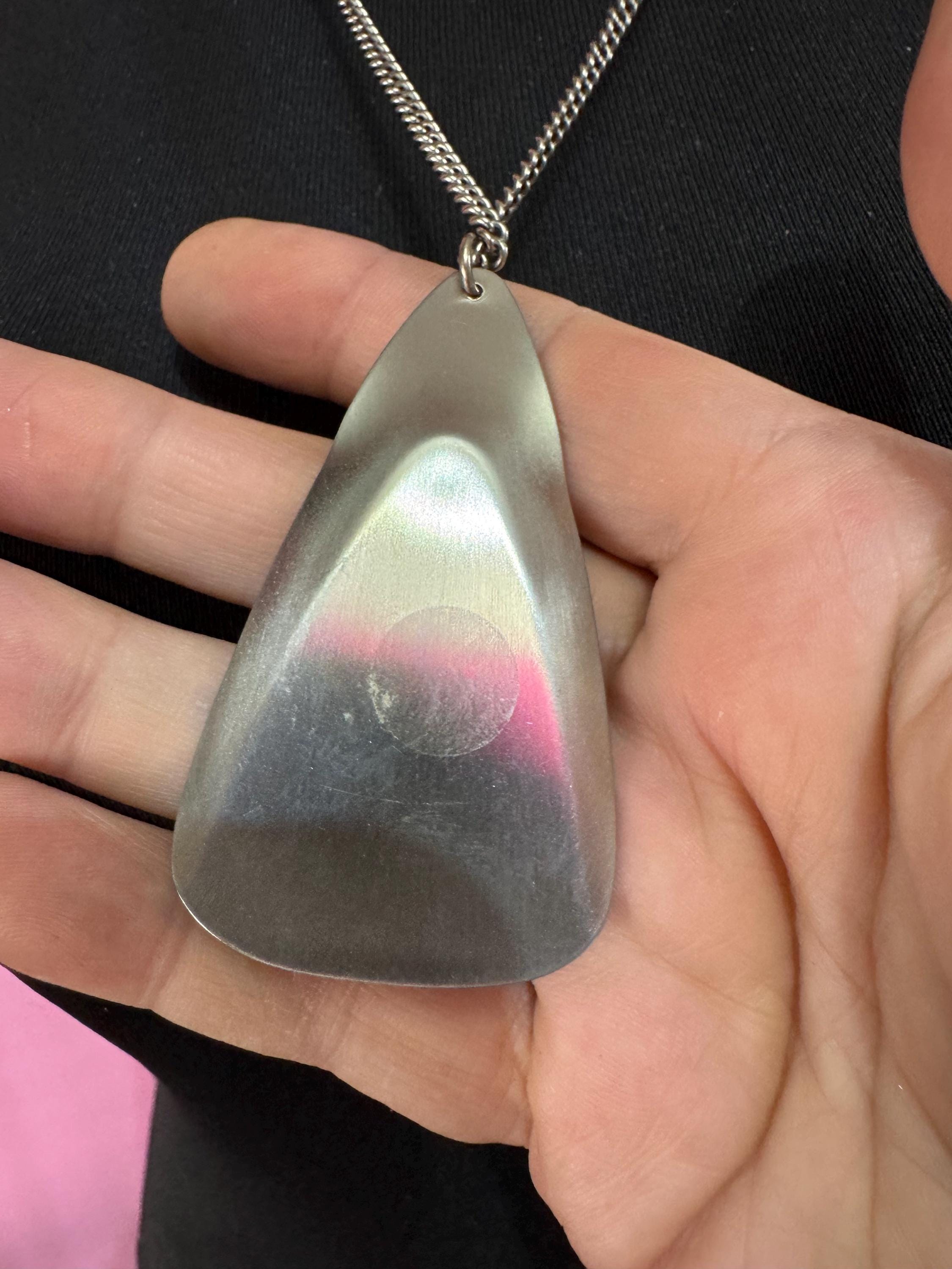Vintage 1970s stainless steel abalone shell triangular pendant on a 70cm chain