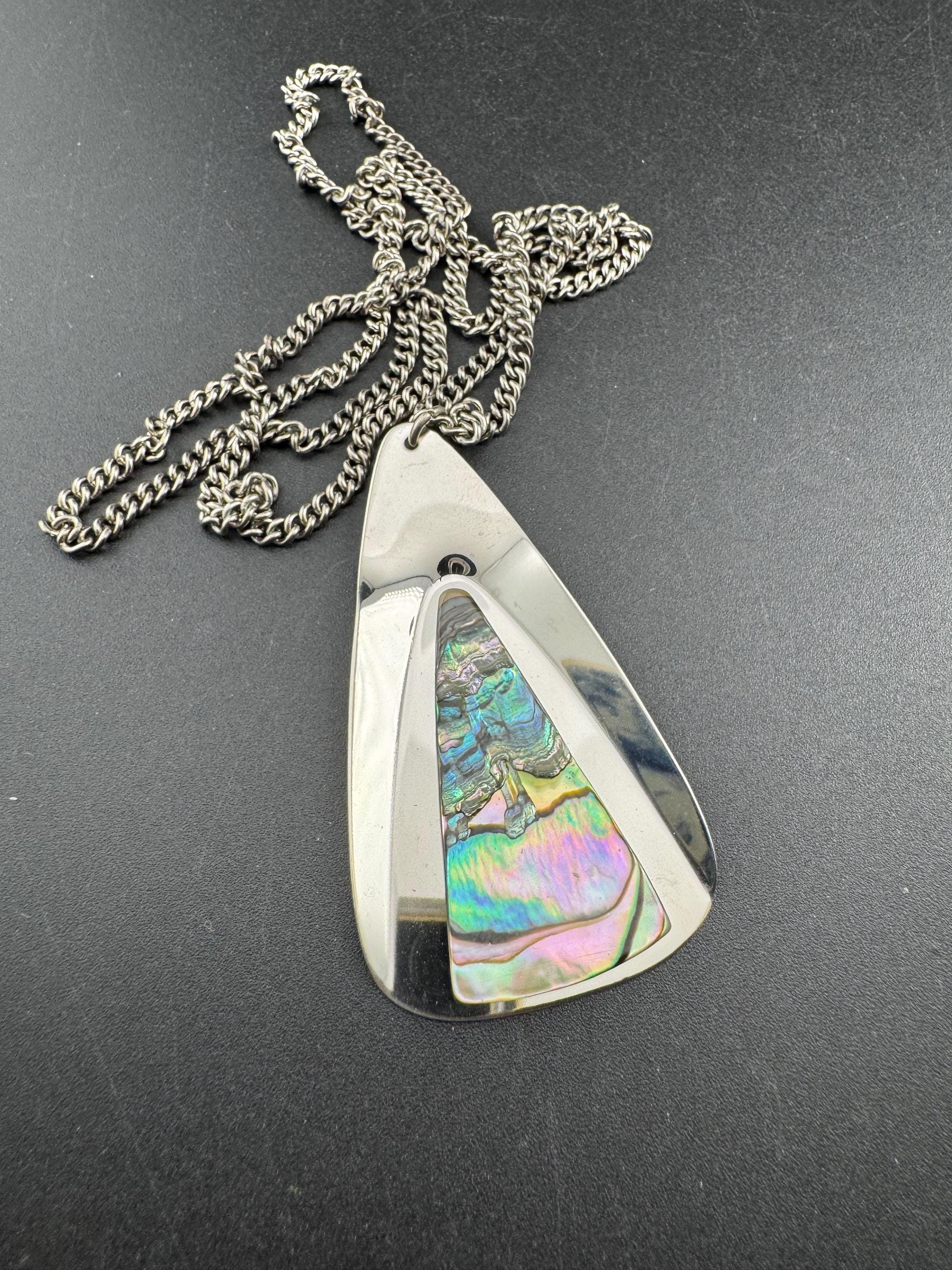 Vintage 1970s stainless steel abalone shell triangular pendant on a 70cm chain