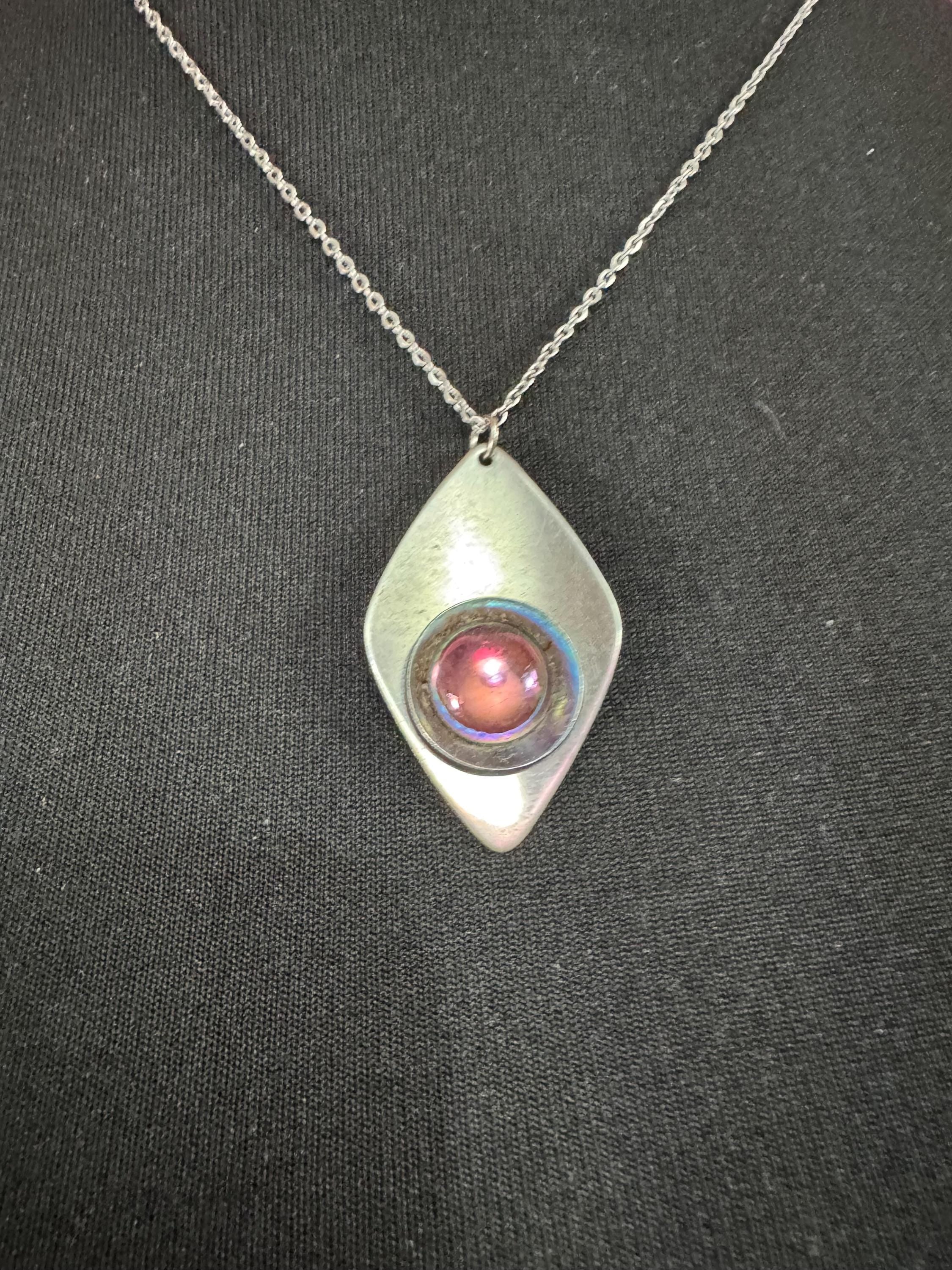 stainless steel pink glass cabochon pendant necklace, Vintage 1970s
