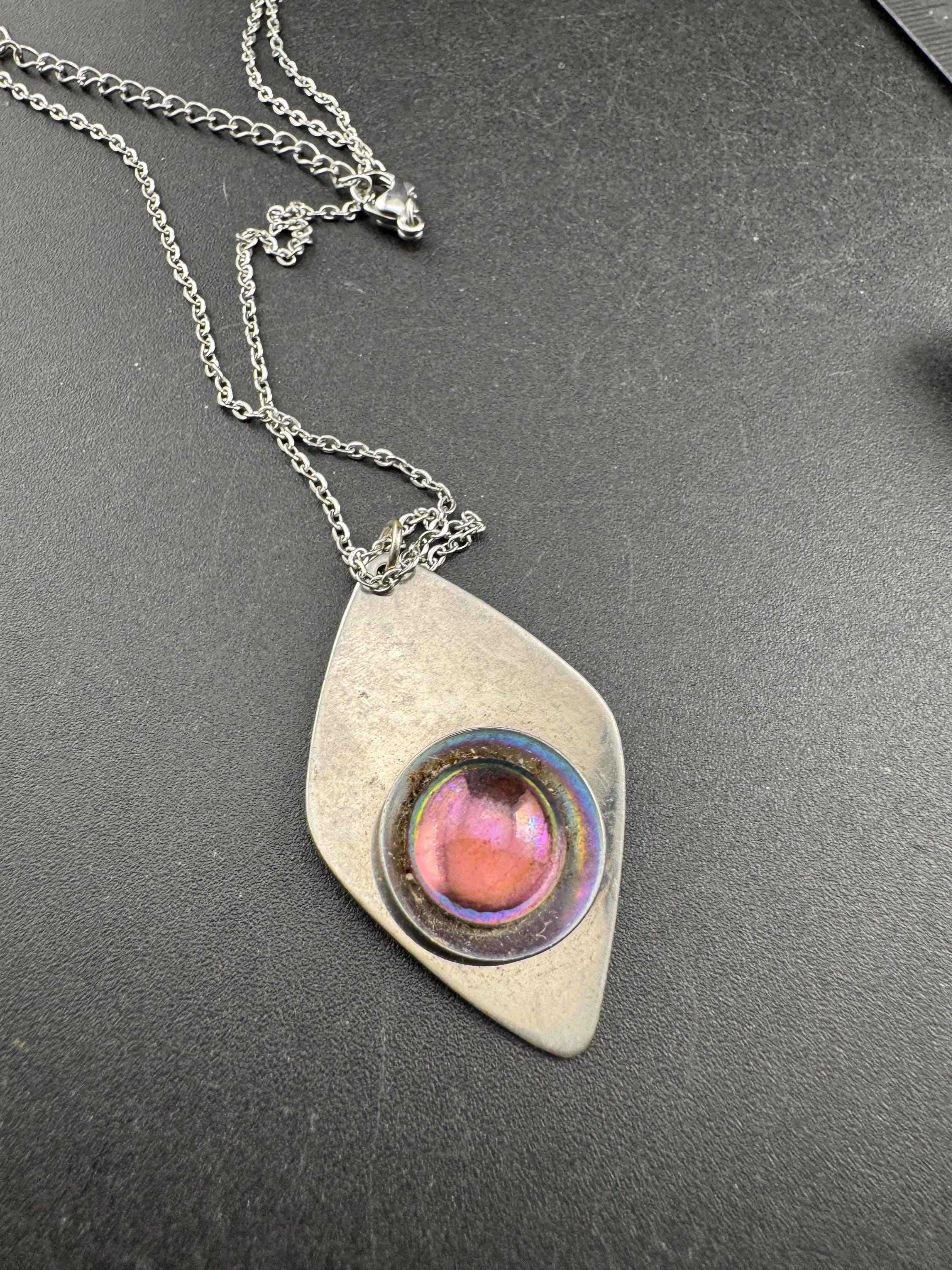 stainless steel pink glass cabochon pendant necklace, Vintage 1970s