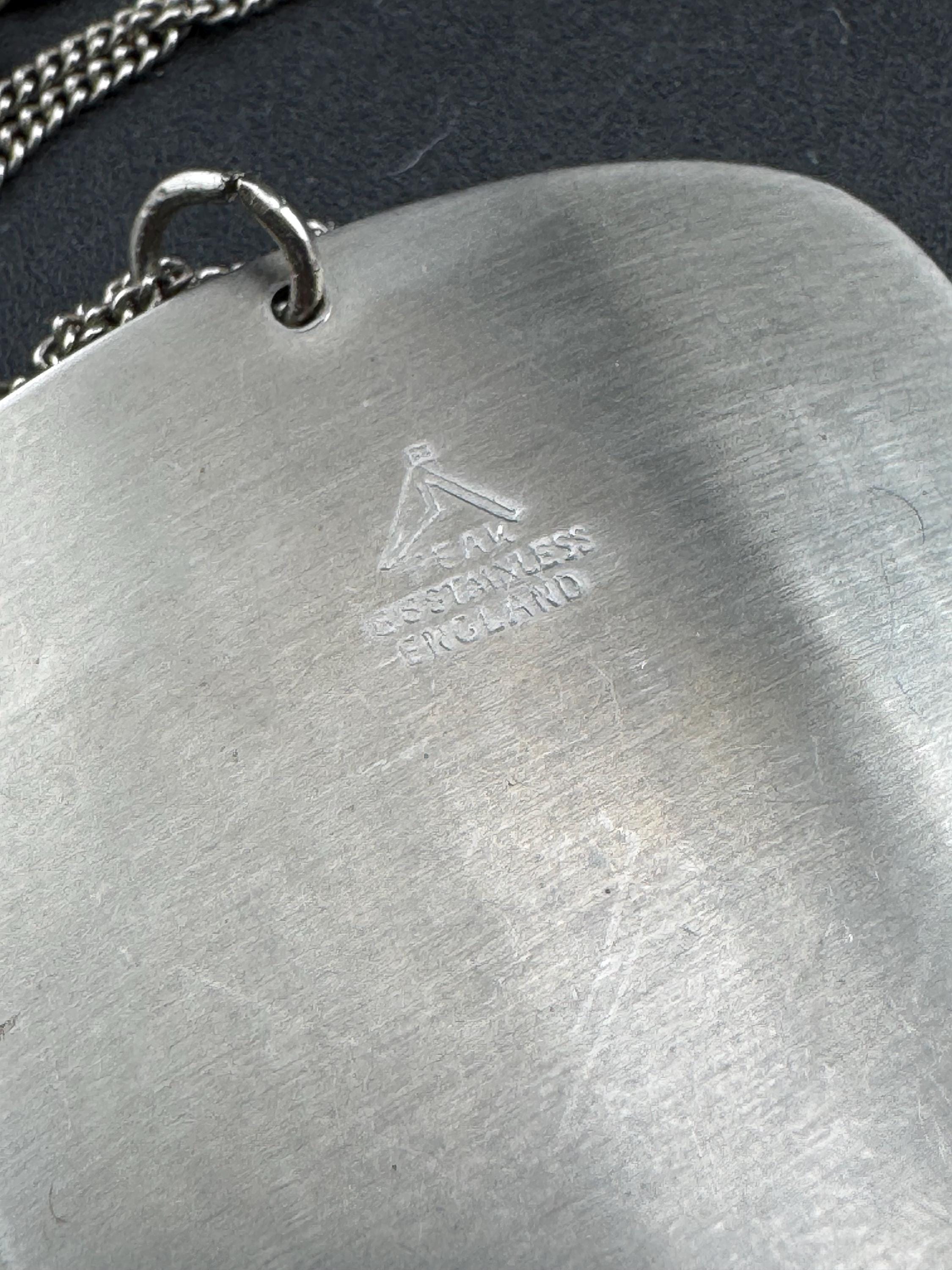 Signed peak stainless steel pink glass cabochon pendant necklace, Vintage 1970s