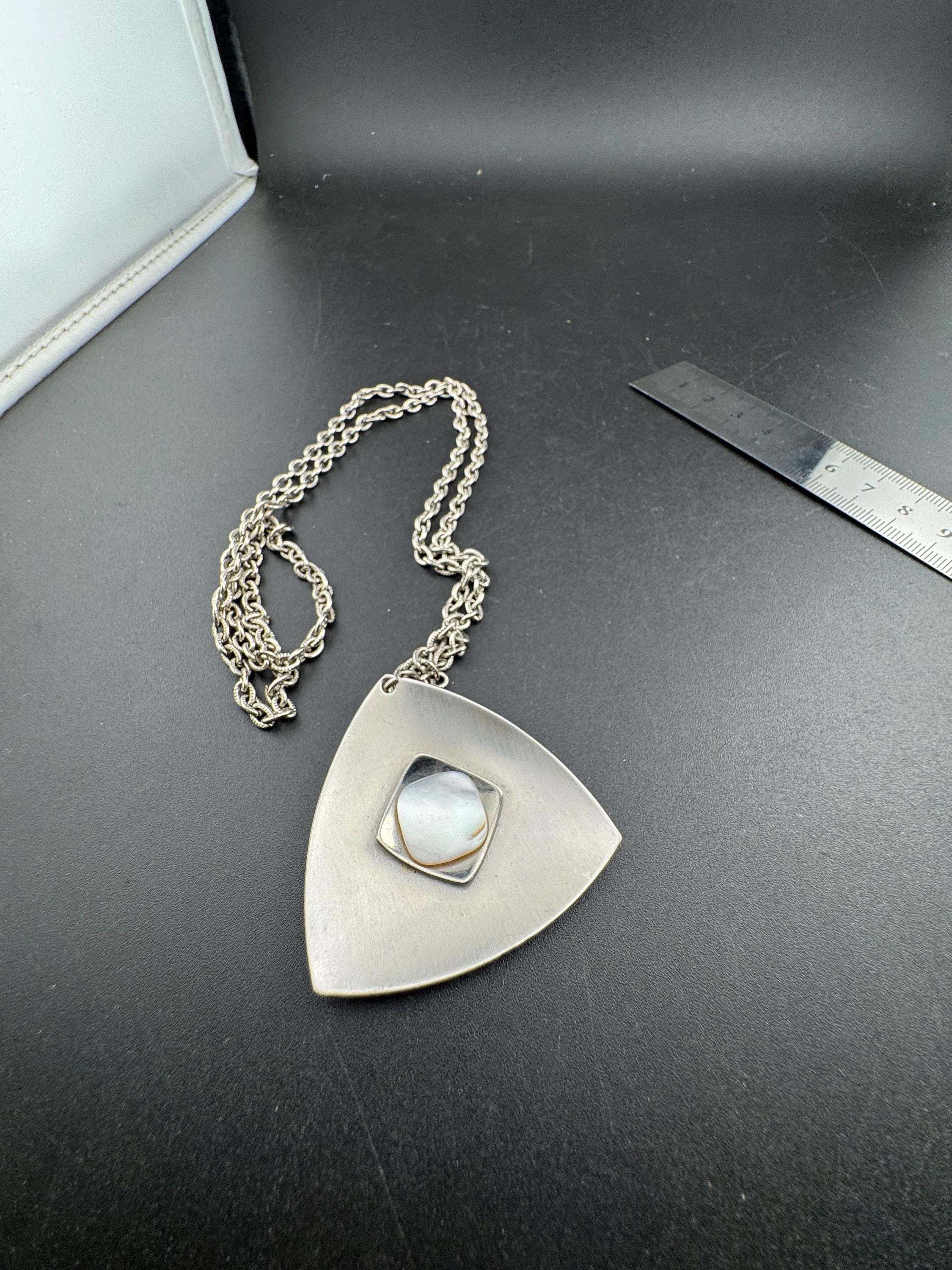 stainless steel pink glass cabochon pendant necklace, Vintage 1970s triangular