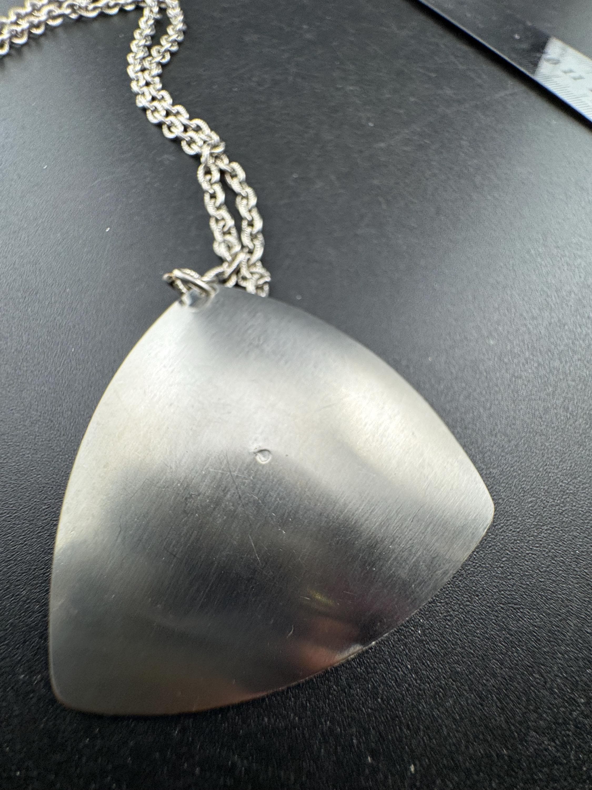 stainless steel pink glass cabochon pendant necklace, Vintage 1970s triangular