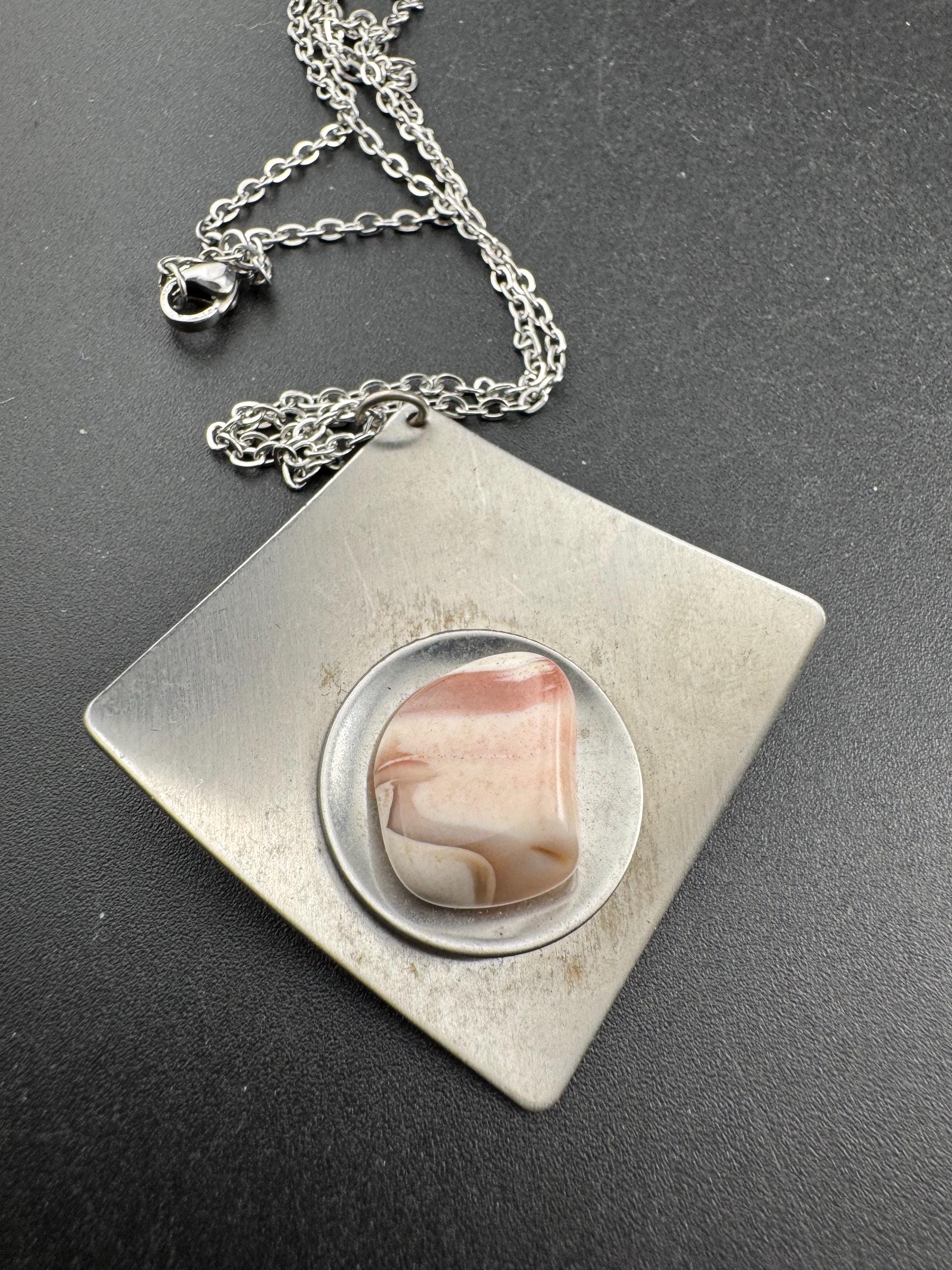 stainless steel pink gemstone cabochon pendant necklace, Vintage 1970s