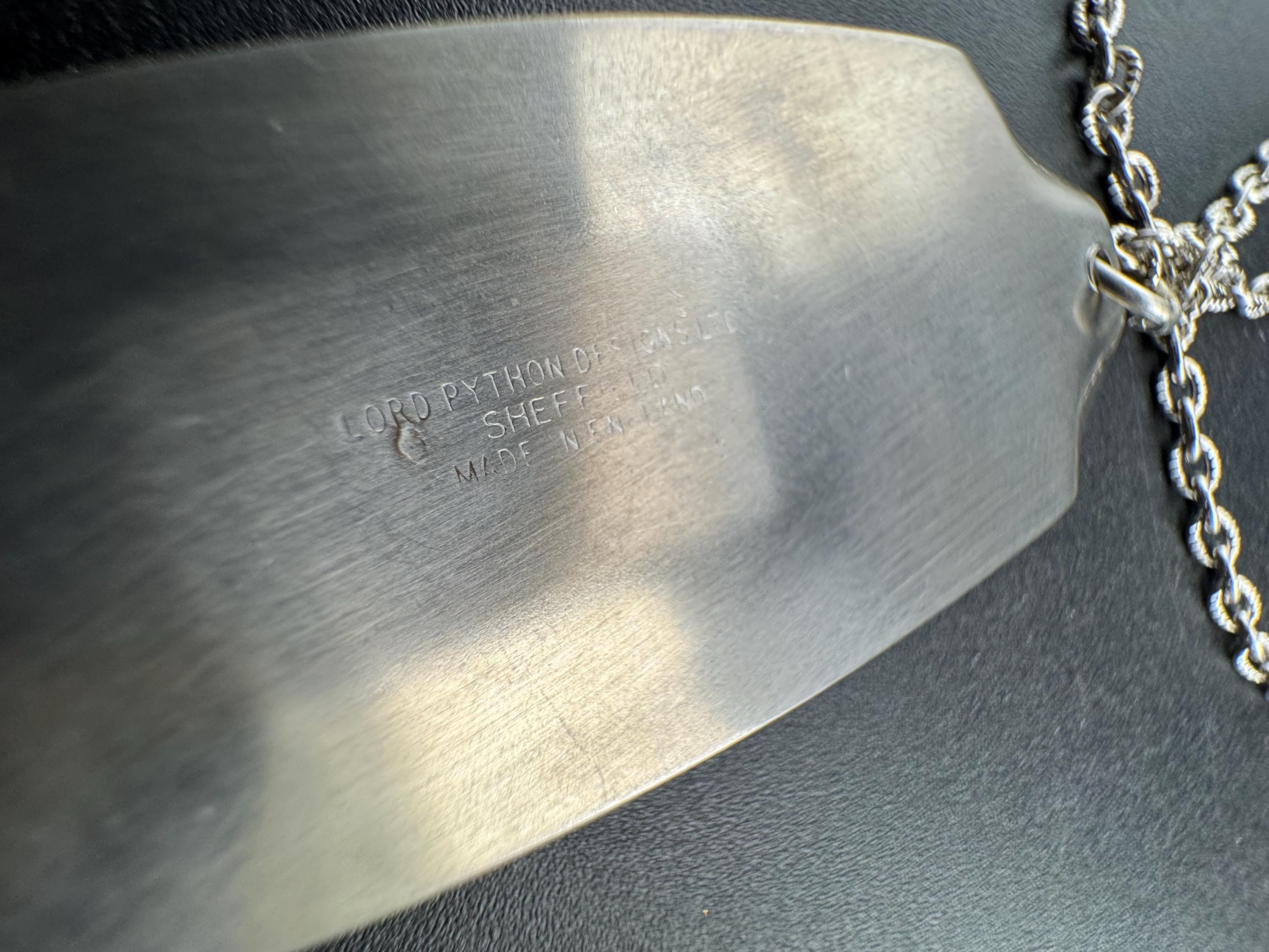 Lord python stainless steel purple  shell cabochon pendant necklace, Vintage 1970s