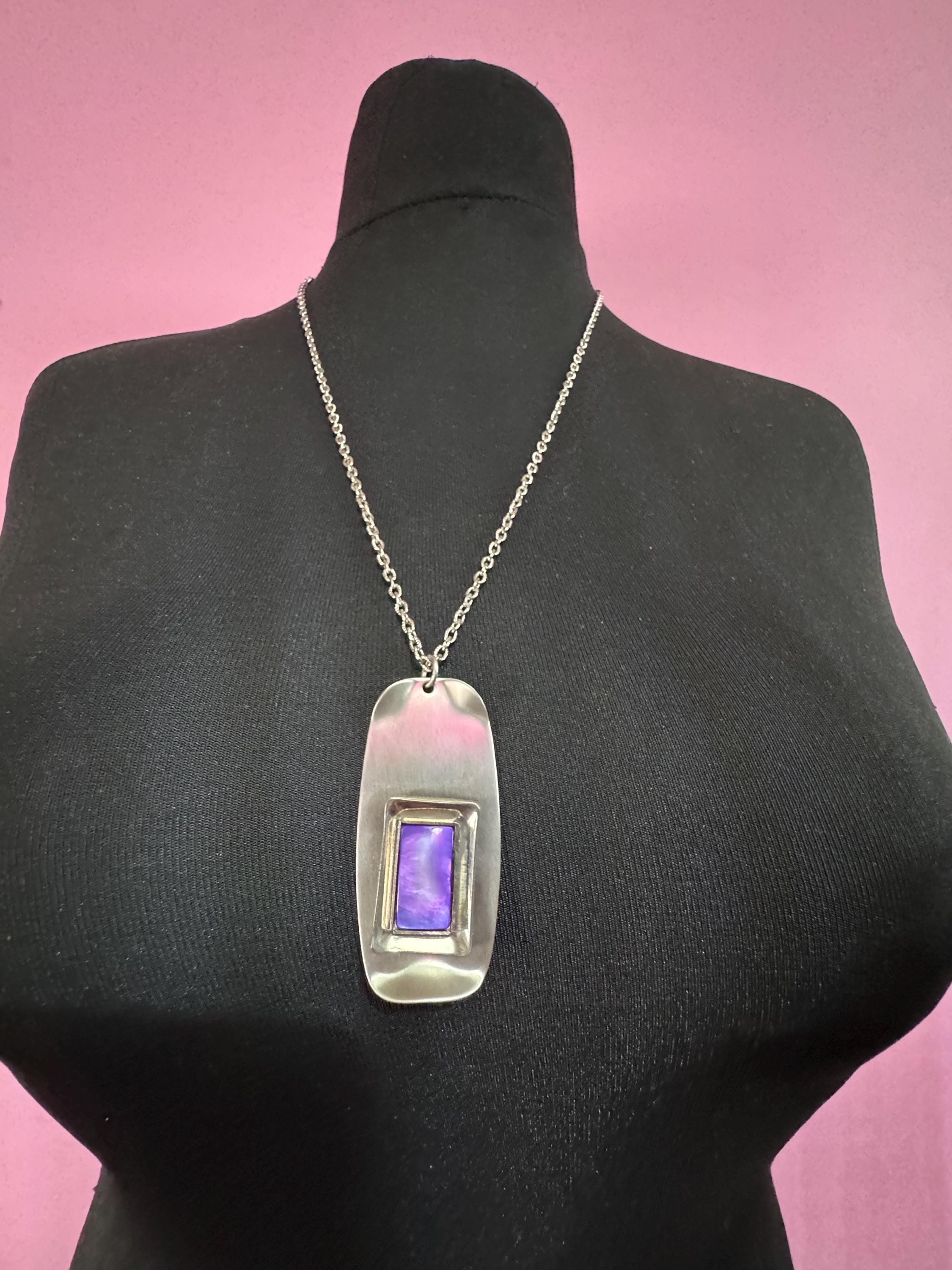 Lord python stainless steel purple  shell cabochon pendant necklace, Vintage 1970s